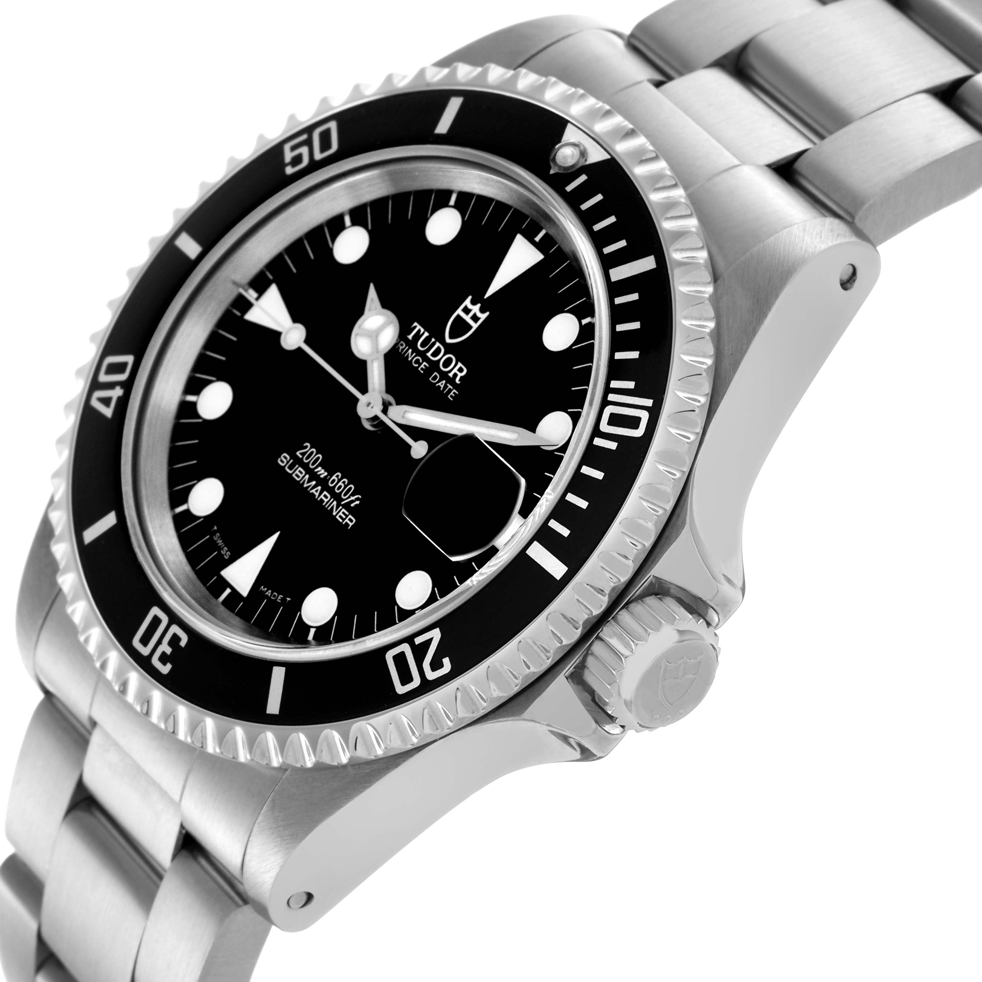 The Tudor Submariner 79190 Men's Stainless Steel Black Dial 79190 Men's Stainless Steel Black Dial watch is shown at an angled close-up highlighting the bezel, dial, and part of the stainless steel bracelet.
