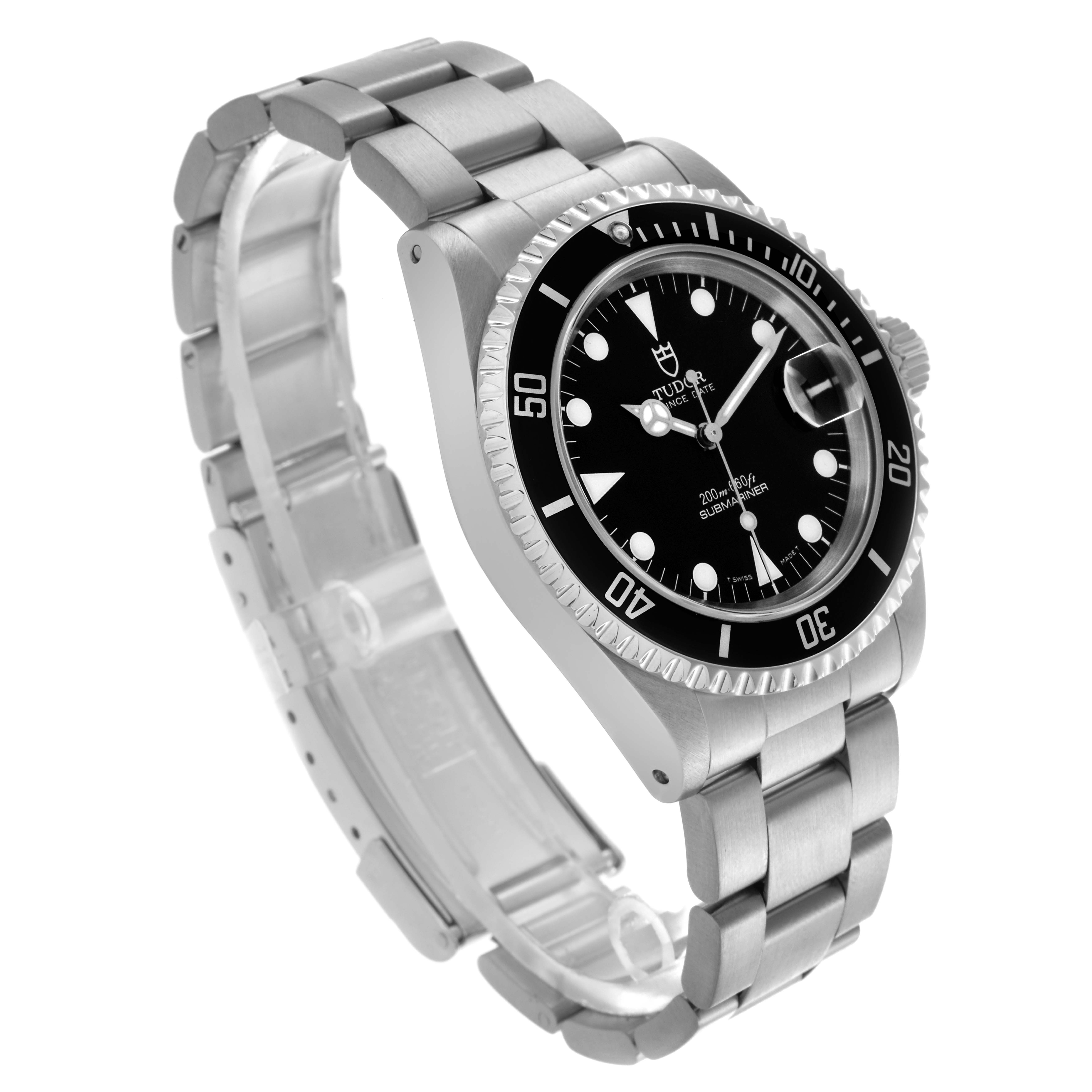 The Tudor Submariner 79190 Men's Stainless Steel Black Dial 79190 Men's Stainless Steel Black Dial watch is shown at a slight angle, highlighting its face, bezel, case, and bracelet.