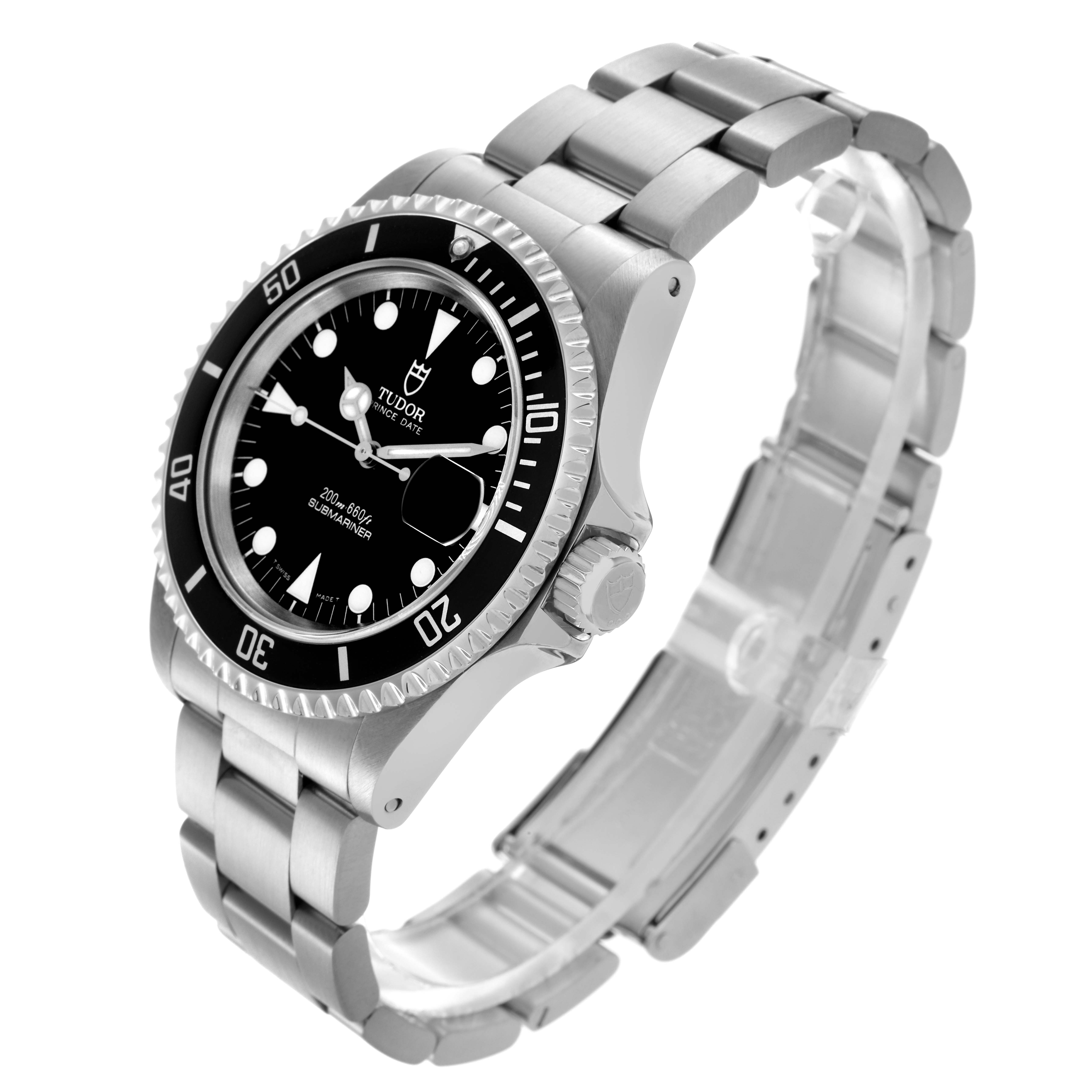 The Tudor Submariner 79190 Men's Stainless Steel Black Dial 79190 Men's Stainless Steel Black Dial watch is shown from a three-quarter angle, displaying its face, bezel, and bracelet.