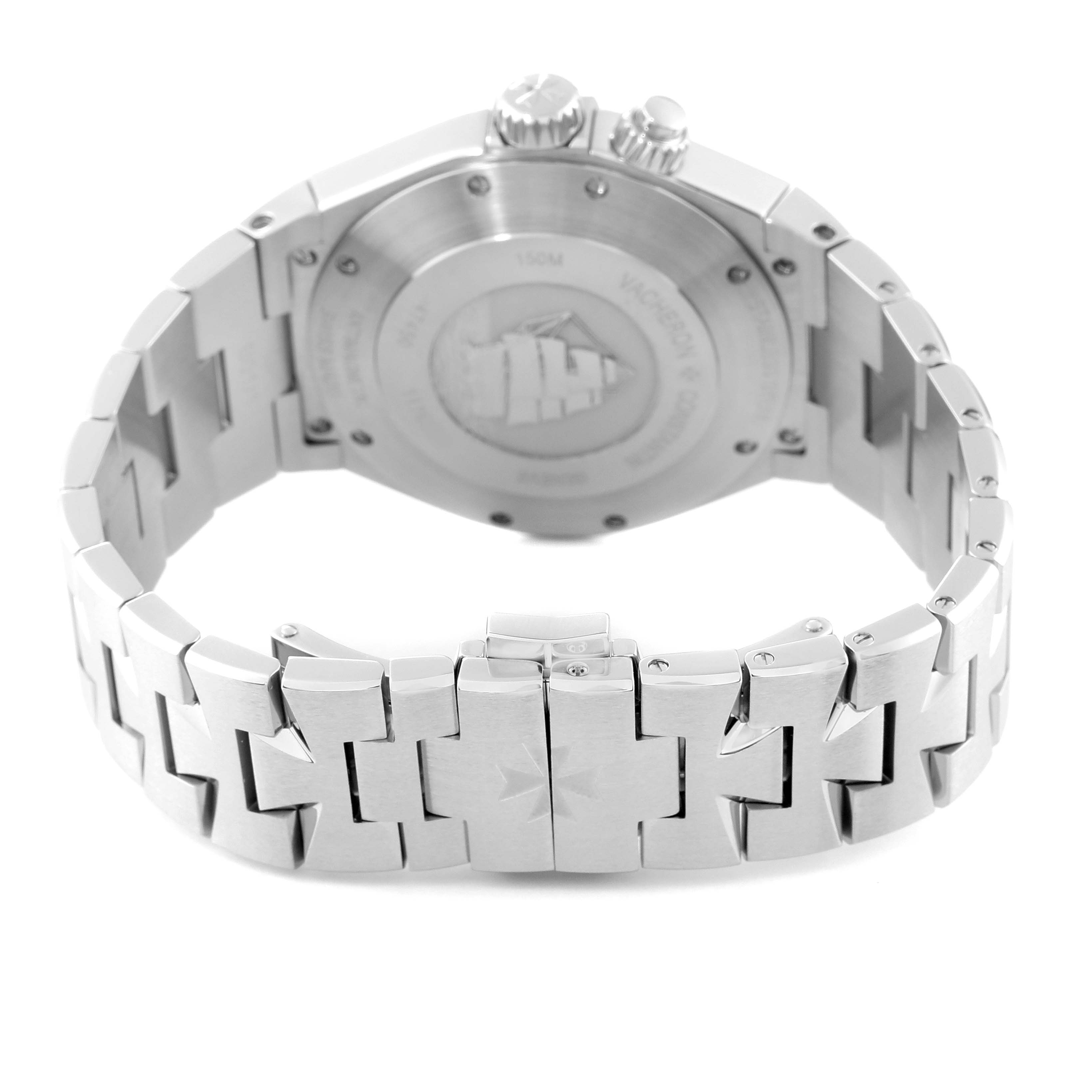 This image shows the back casing and bracelet of a Vacheron Constantin Overseas 47450/B01A-9227 Men's Stainless Steel Black Dial 47450/B01A-9227 Men's Stainless Steel Black Dial watch, displayed from the angle of the clasp.