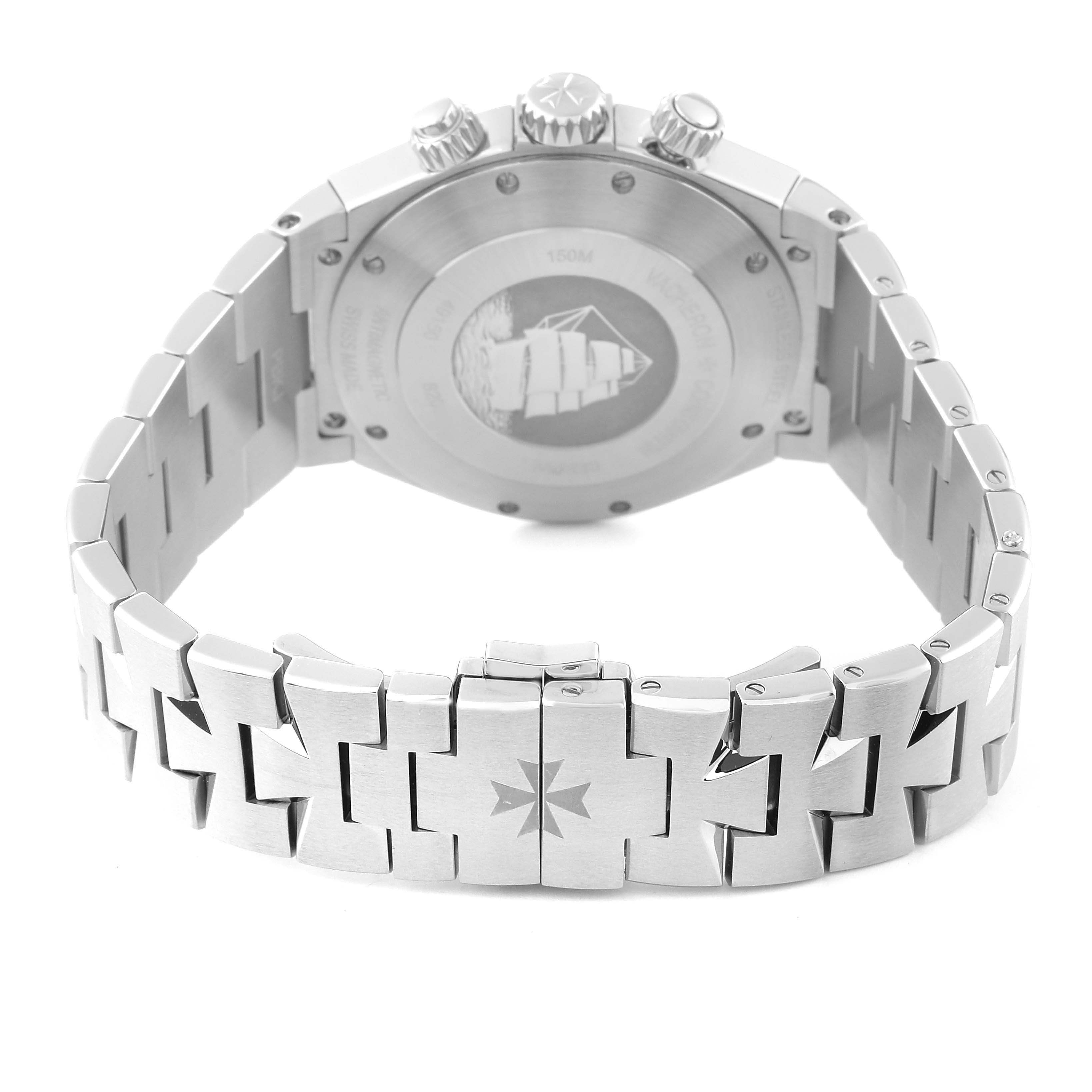 The image shows the back case and bracelet of the Vacheron Constantin Overseas 49150/B01A-9095 Men's Stainless Steel Silver Dial 49150/B01A-9095 Men's Stainless Steel Silver Dial watch.