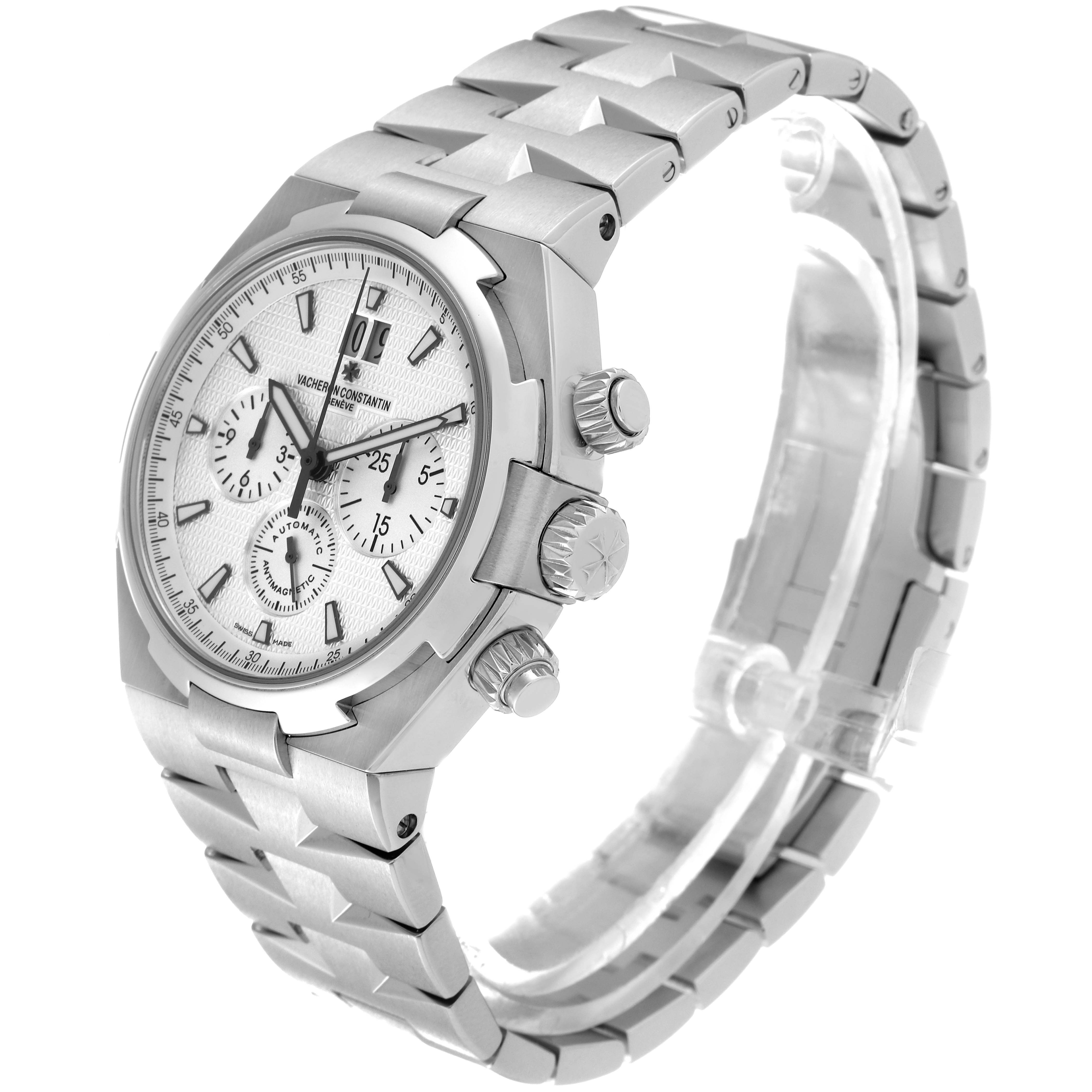 The image displays a three-quarter view of the Vacheron Constantin Overseas 49150/B01A-9095 Men's Stainless Steel Silver Dial 49150/B01A-9095 Men's Stainless Steel Silver Dial watch, highlighting its dial, case, and bracelet.