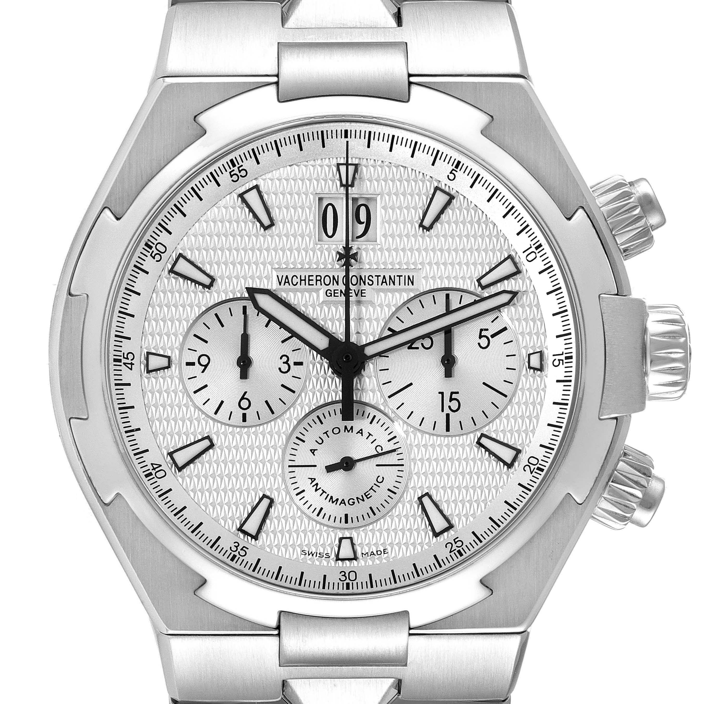 This image shows a front view of the Vacheron Constantin Overseas 49150/B01A-9095 Men's Stainless Steel Silver Dial 49150/B01A-9095 Men's Stainless Steel Silver Dial model watch, highlighting the dial, hands, and chronograph features.
