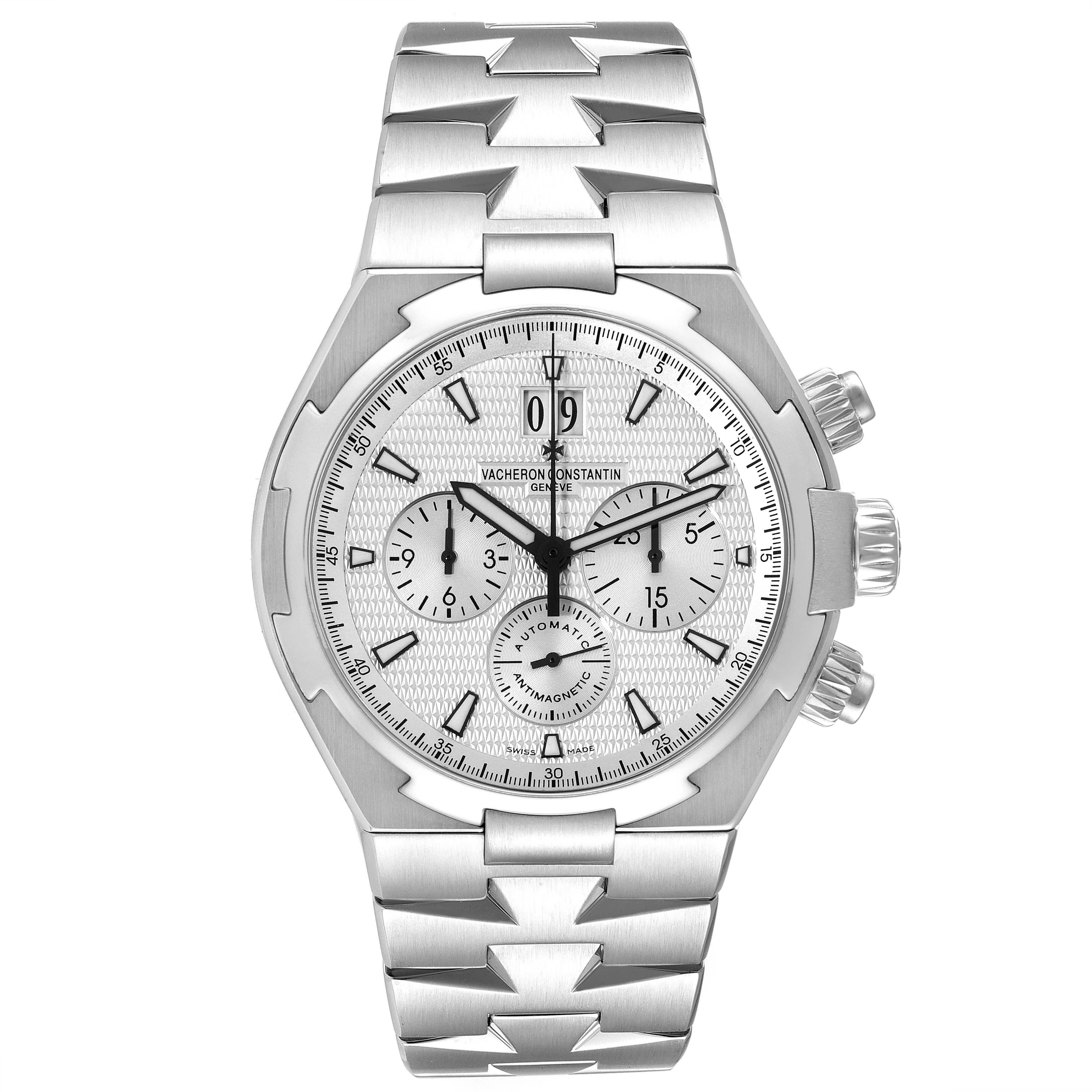 The image shows a front view of the Vacheron Constantin Overseas 49150/B01A-9095 Men's Stainless Steel Silver Dial 49150/B01A-9095 Men's Stainless Steel Silver Dial watch, highlighting its dial, case, and bracelet.