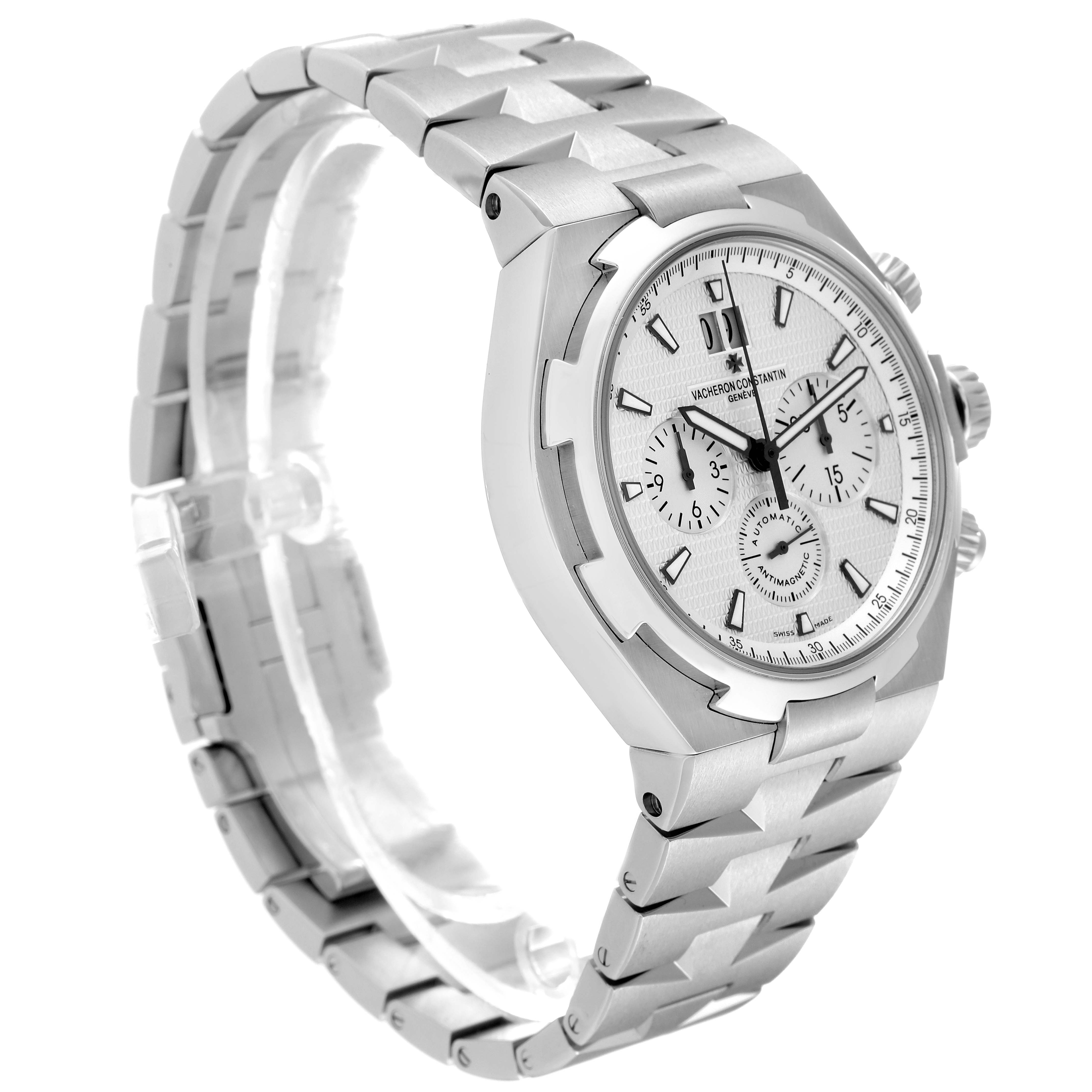The image shows a Vacheron Constantin Overseas 49150/B01A-9095 Men's Stainless Steel Silver Dial 49150/B01A-9095 Men's Stainless Steel Silver Dial watch at a front-side angle, highlighting its dial, bezel, and bracelet.