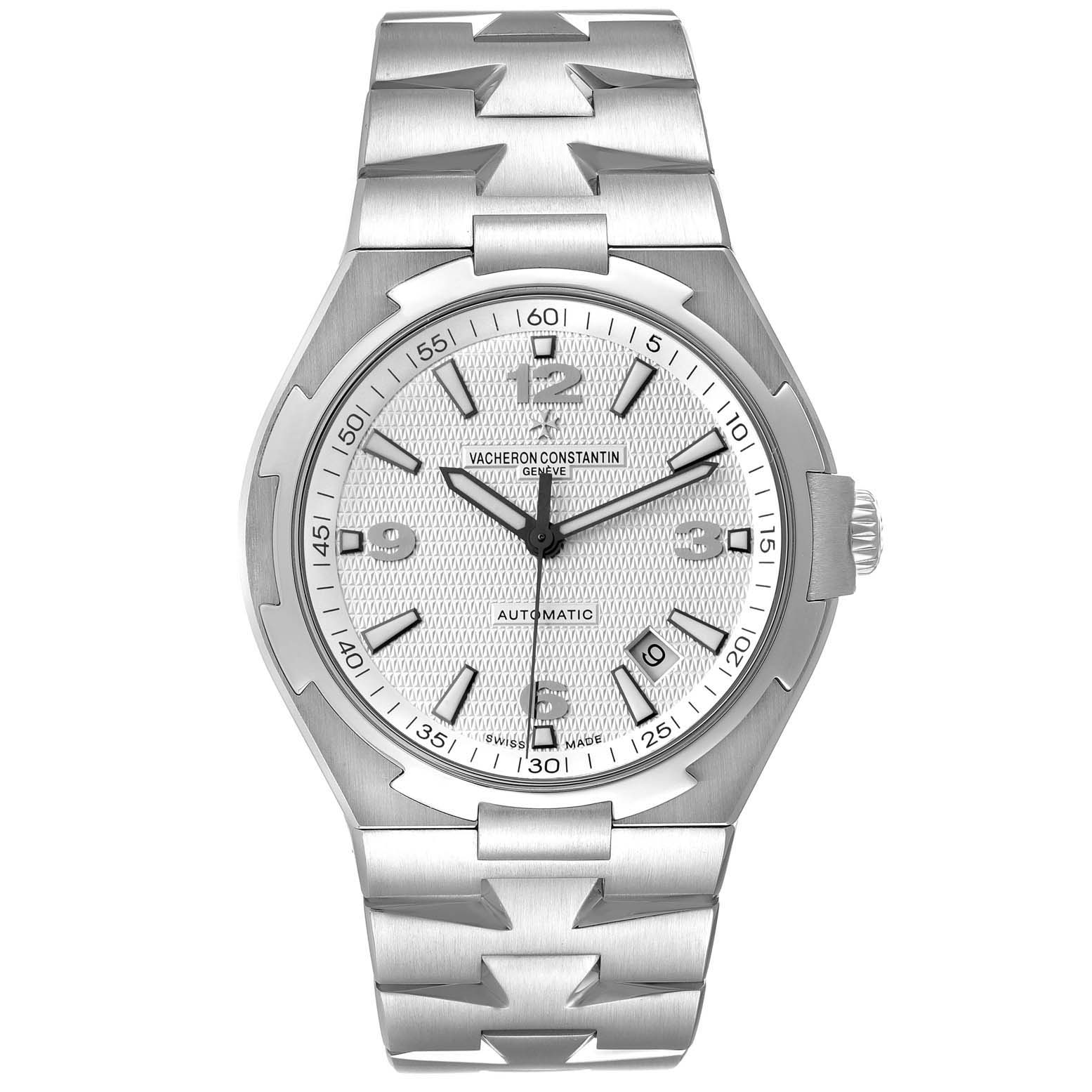 The Vacheron Constantin Overseas 47040B01A-9093 Men's Stainless Steel Silver Dial 47040B01A-9093 Men's Stainless Steel Silver Dial watch is shown from a front angle, displaying its face, bezel, crown, and bracelet.