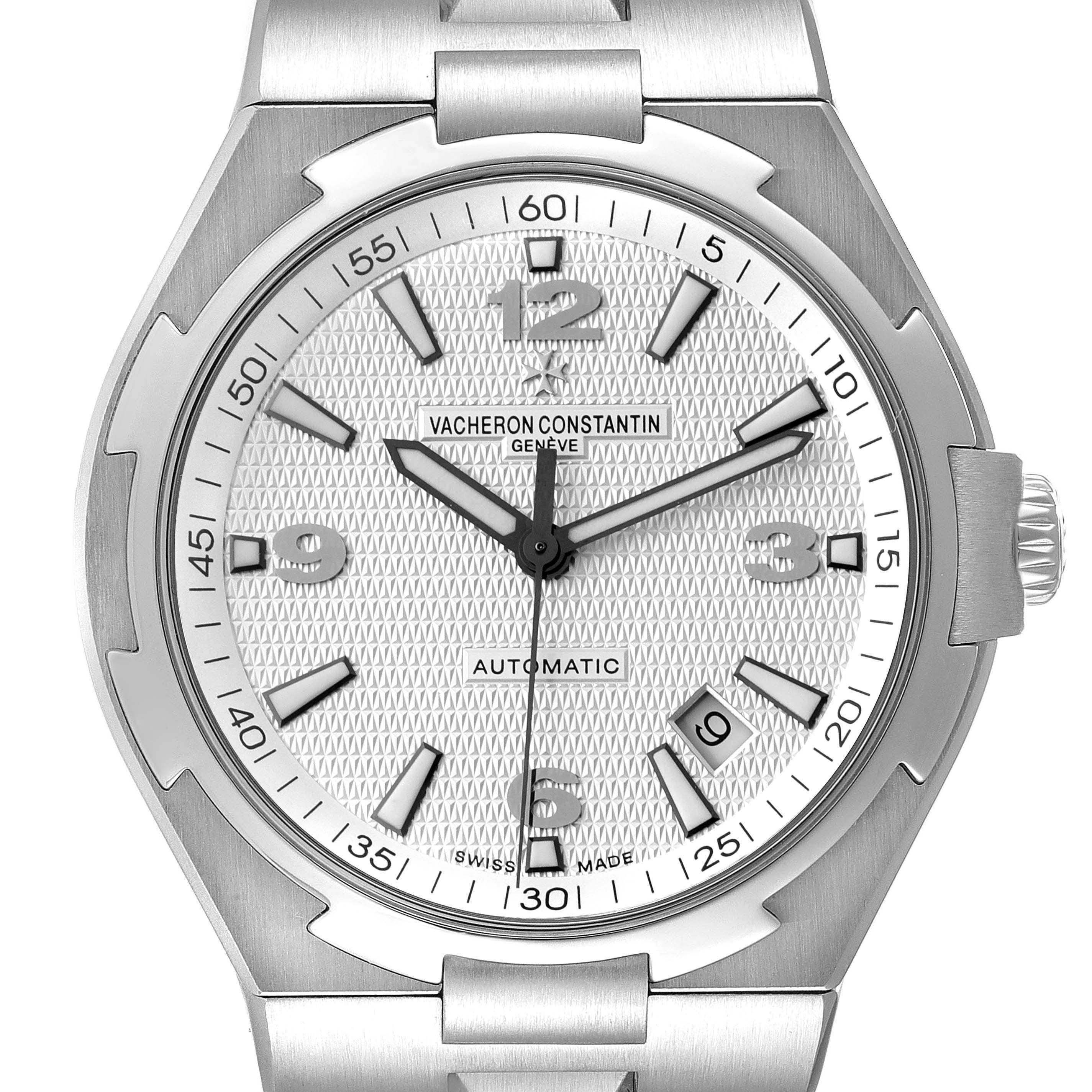 The image shows a Vacheron Constantin Overseas 47040B01A-9093 Men's Stainless Steel Silver Dial 47040B01A-9093 Men's Stainless Steel Silver Dial model watch from a front angle, highlighting its dial, hands, markers, and part of the bracelet.