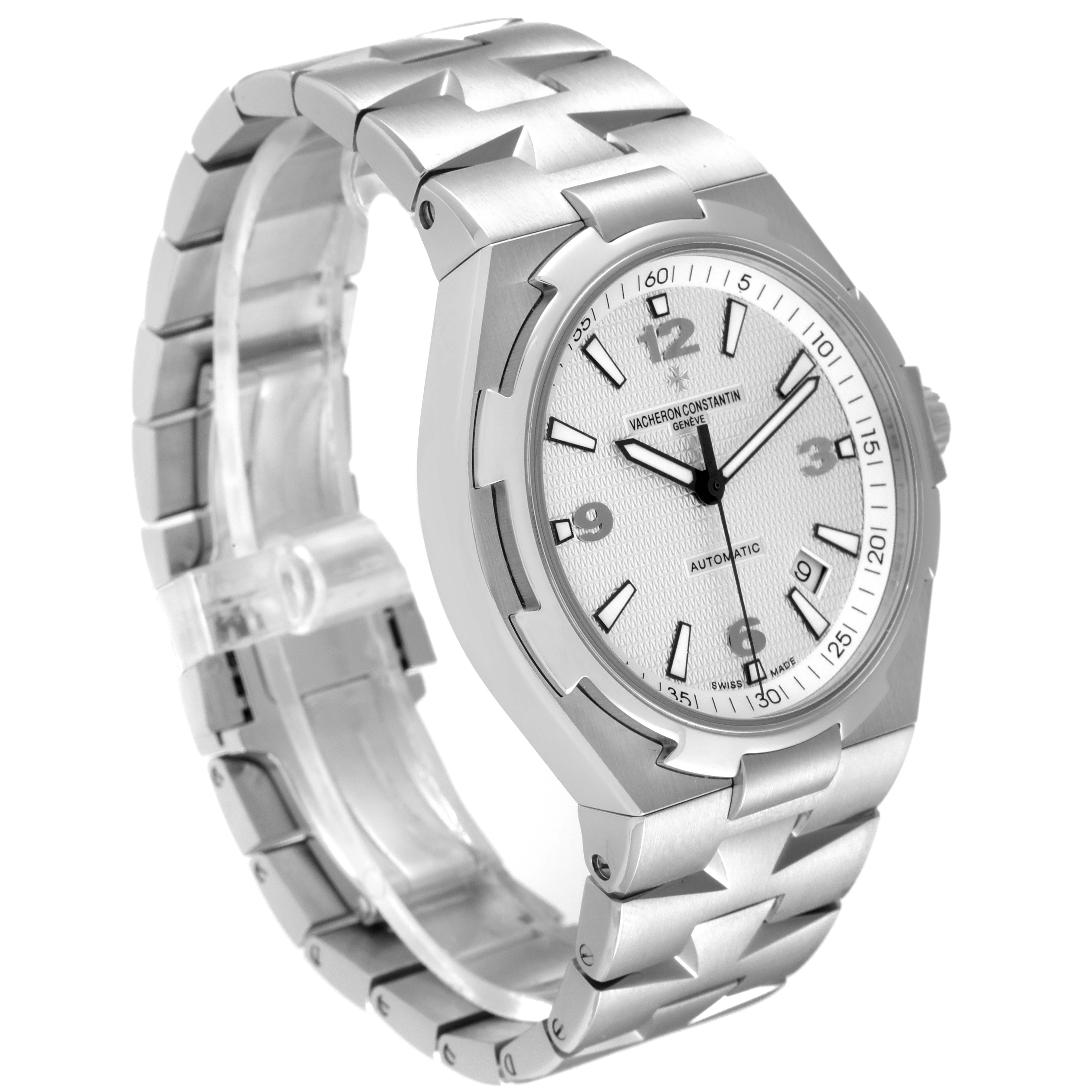 The image shows a Vacheron Constantin Overseas 47040B01A-9093 Men's Stainless Steel Silver Dial 47040B01A-9093 Men's Stainless Steel Silver Dial model watch at a three-quarter angle, highlighting the face, bezel, and bracelet.