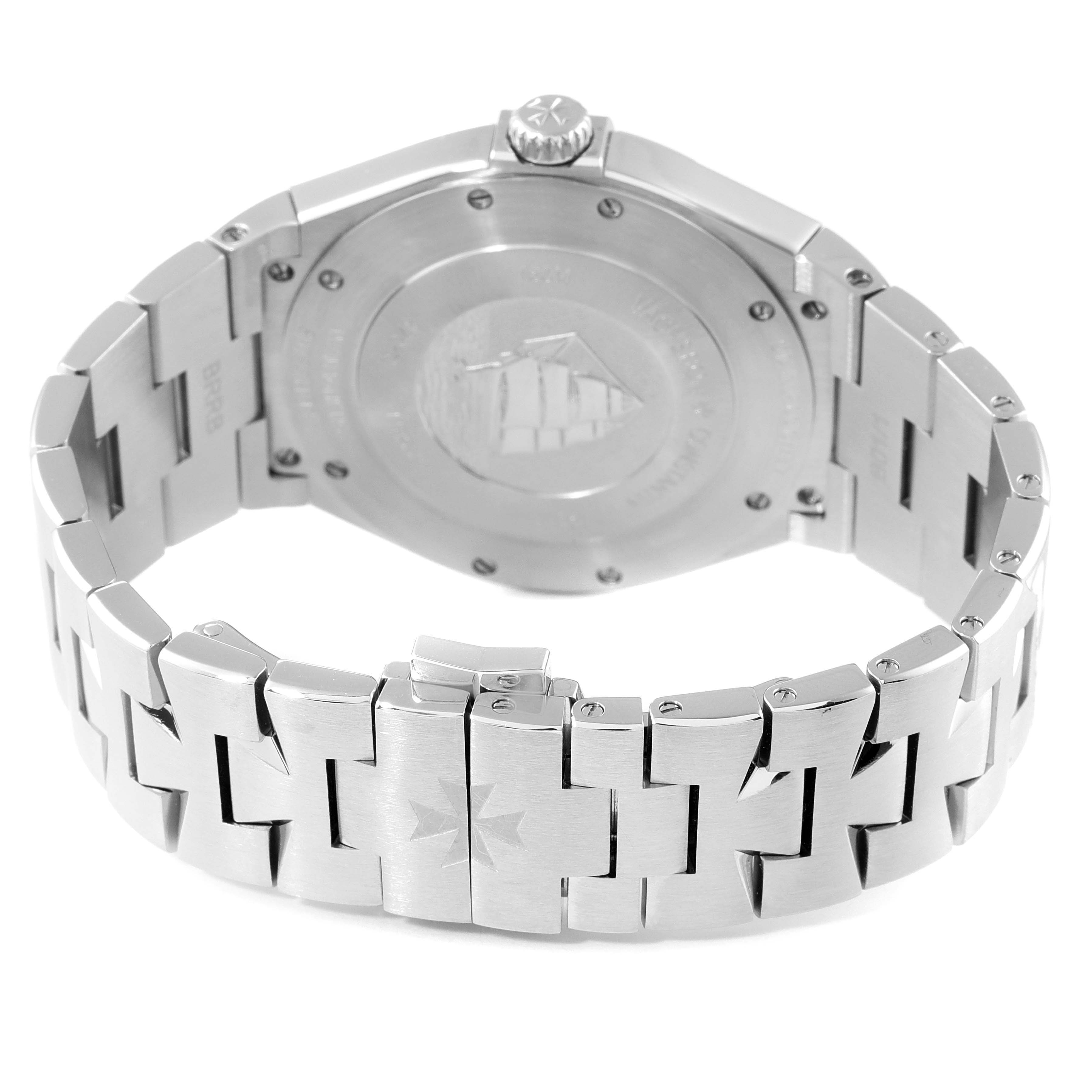 The image shows the back view of a Vacheron Constantin Overseas 47040B01A-9093 Men's Stainless Steel Silver Dial 47040B01A-9093 Men's Stainless Steel Silver Dial model watch, highlighting the case back and bracelet.
