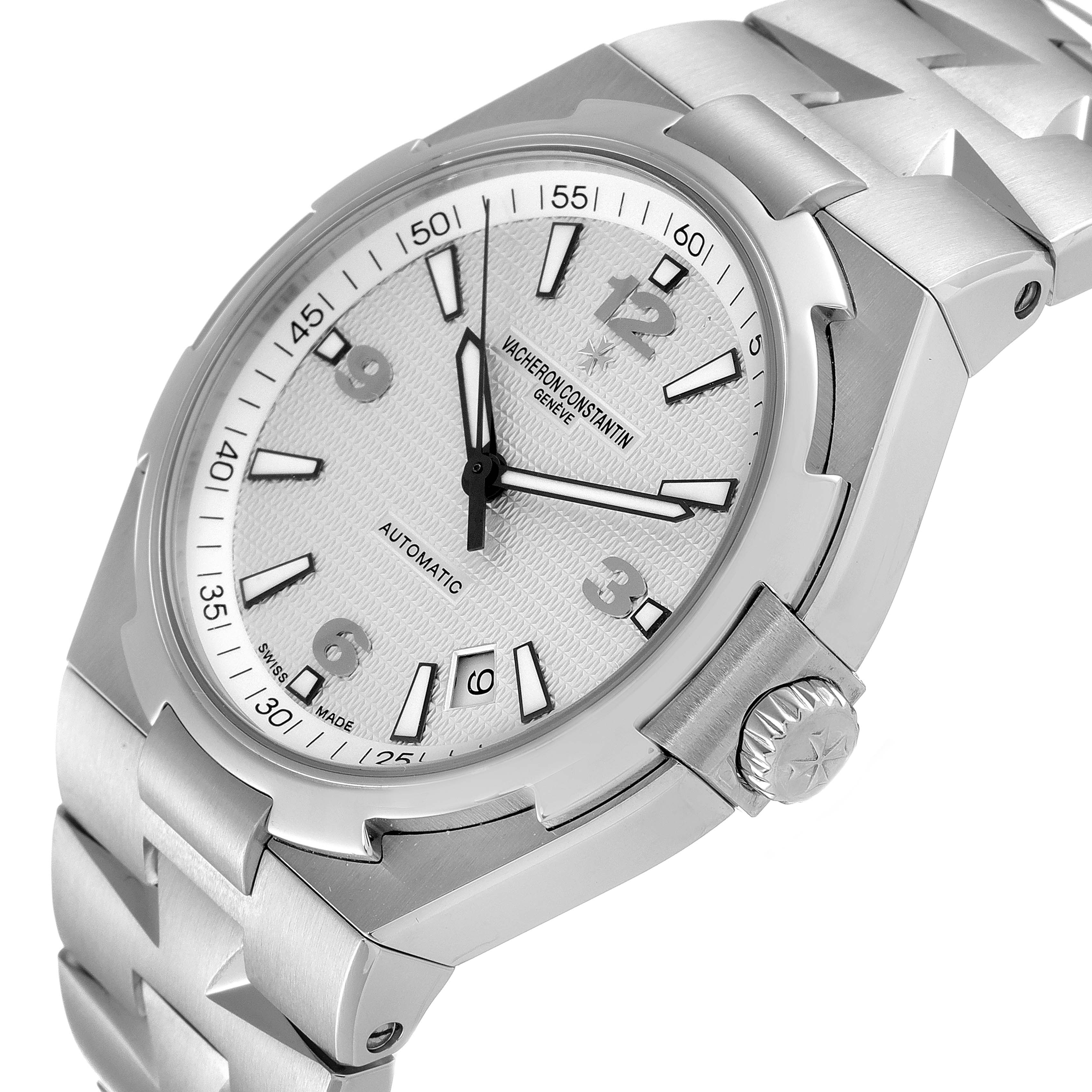 The image shows a close-up angled view of the Vacheron Constantin Overseas 47040B01A-9093 Men's Stainless Steel Silver Dial 47040B01A-9093 Men's Stainless Steel Silver Dial model watch, highlighting the face, bezel, and part of the bracelet.