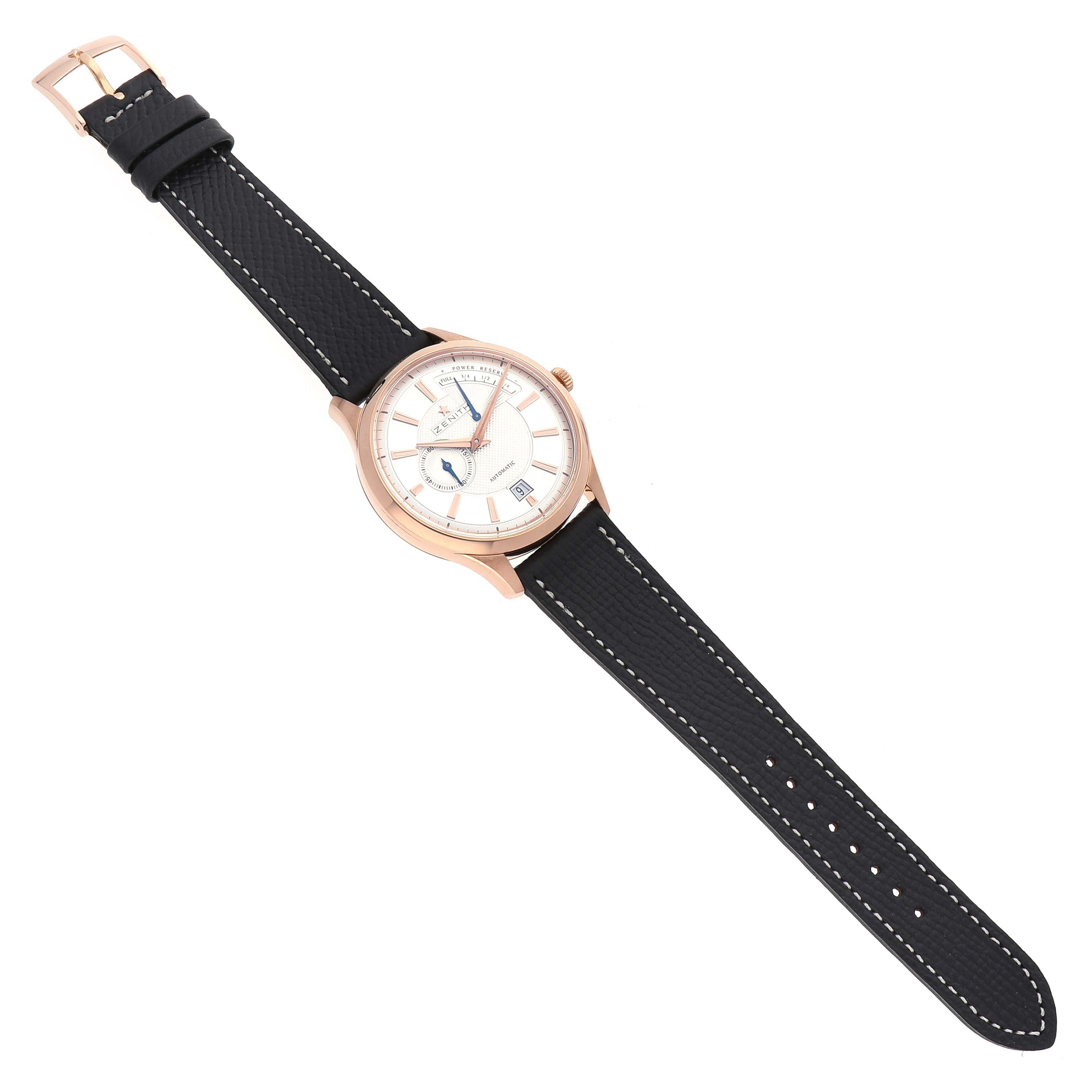 The Zenith Captain 18.2120.685 Men's Rose Gold Silver Dial watch is shown from an angled top view, displaying the face, strap, and buckle.