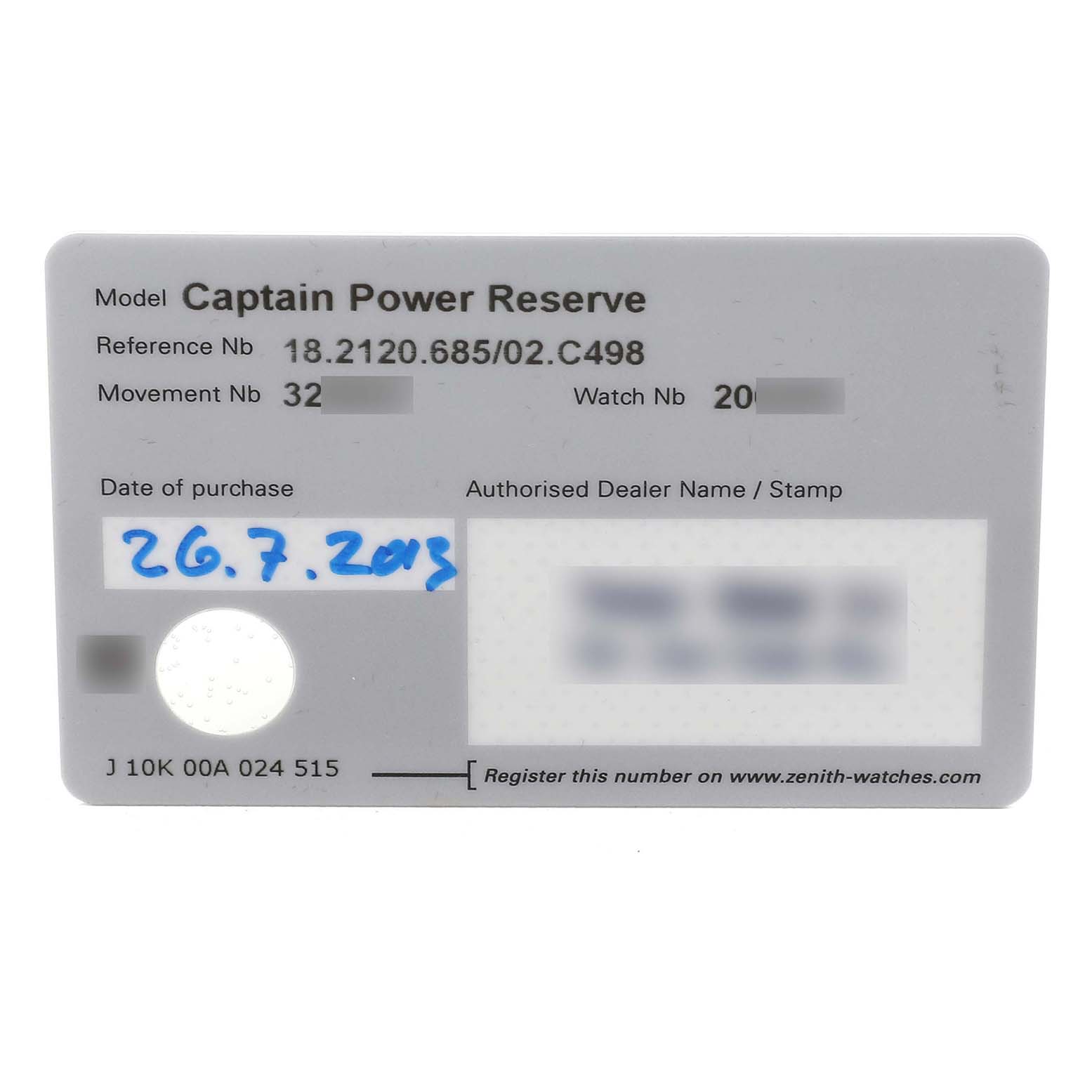 This is a warranty card for the Zenith Captain 18.2120.685 Men's Rose Gold Silver Dial Power Reserve watch, showing model and reference numbers.