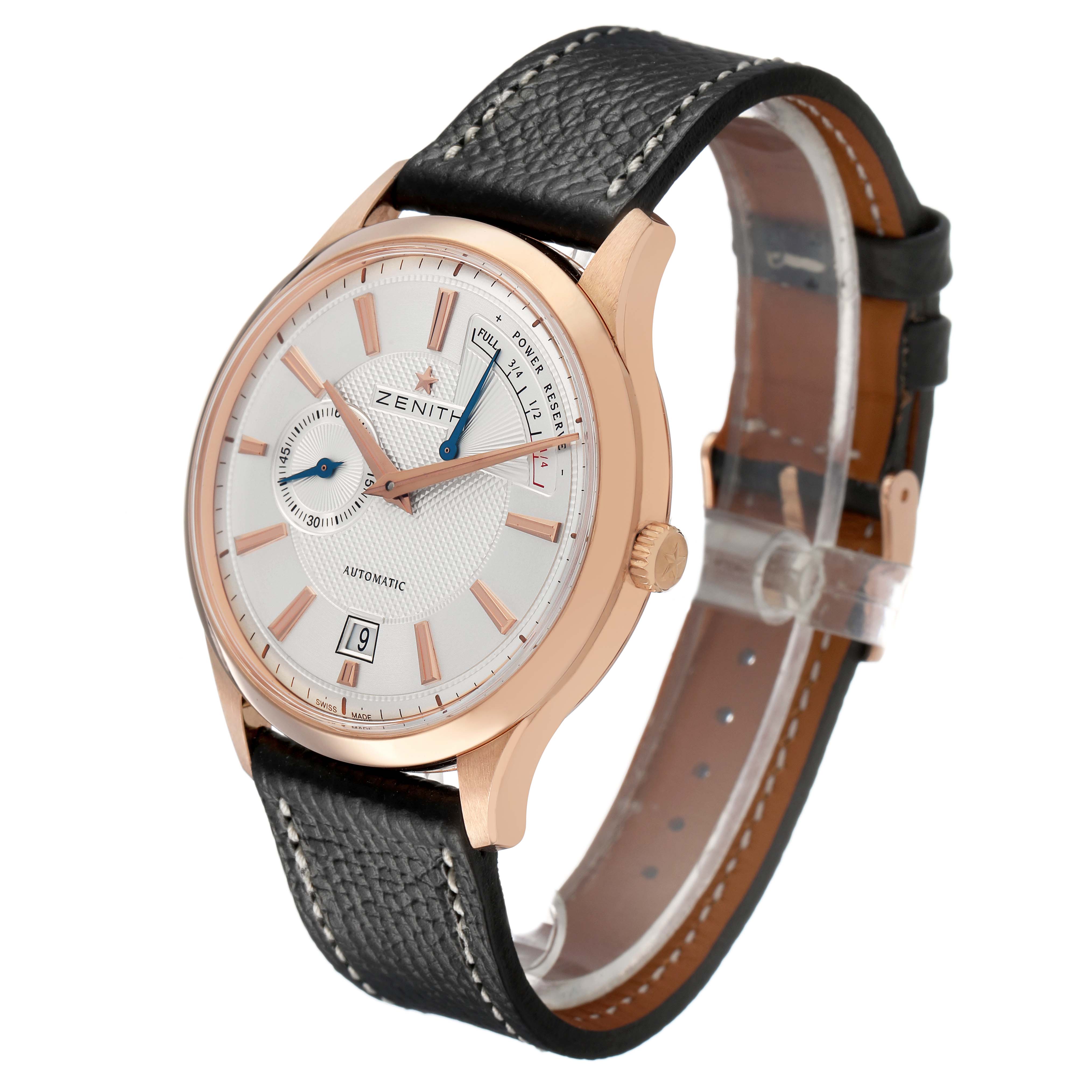 The Zenith Captain 18.2120.685 Men's Rose Gold Silver Dial watch is shown at a three-quarter angle, highlighting the dial, case, crown, and leather strap.