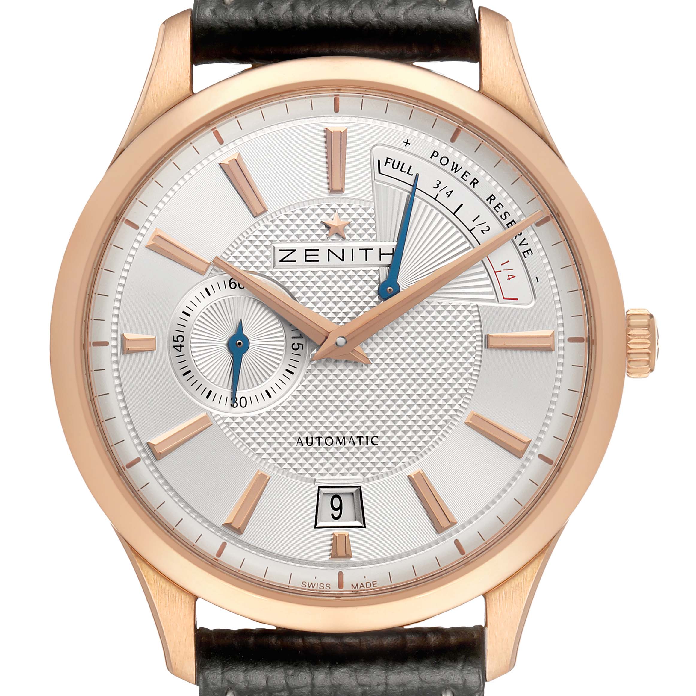 The Zenith Captain 18.2120.685 Men's Rose Gold Silver Dial watch is shown from a frontal angle, displaying the full dial, hands, and power reserve indicator.