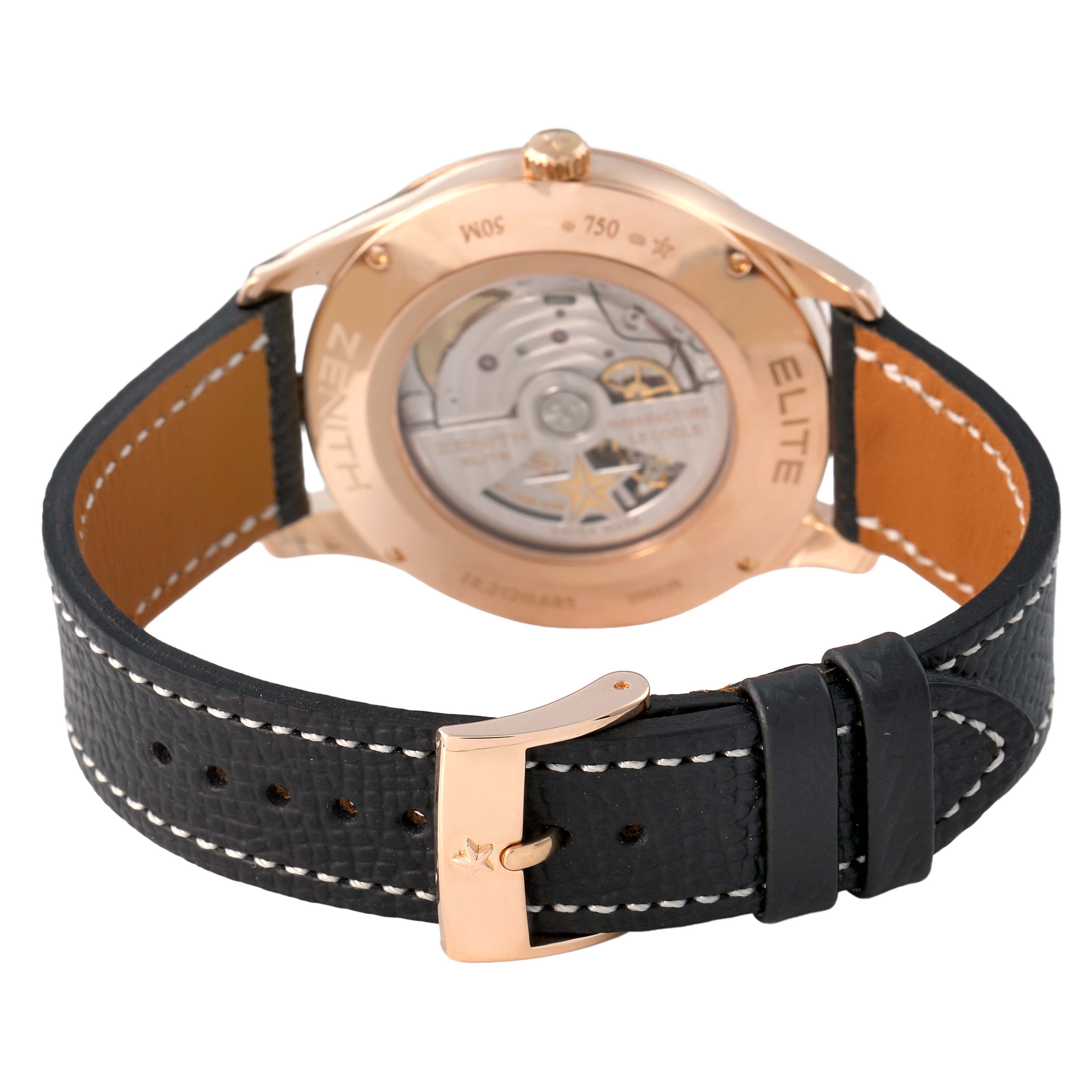 The image shows the back of the Zenith Captain 18.2120.685 Men's Rose Gold Silver Dial watch, highlighting its movement, case back, and leather strap with a buckle.