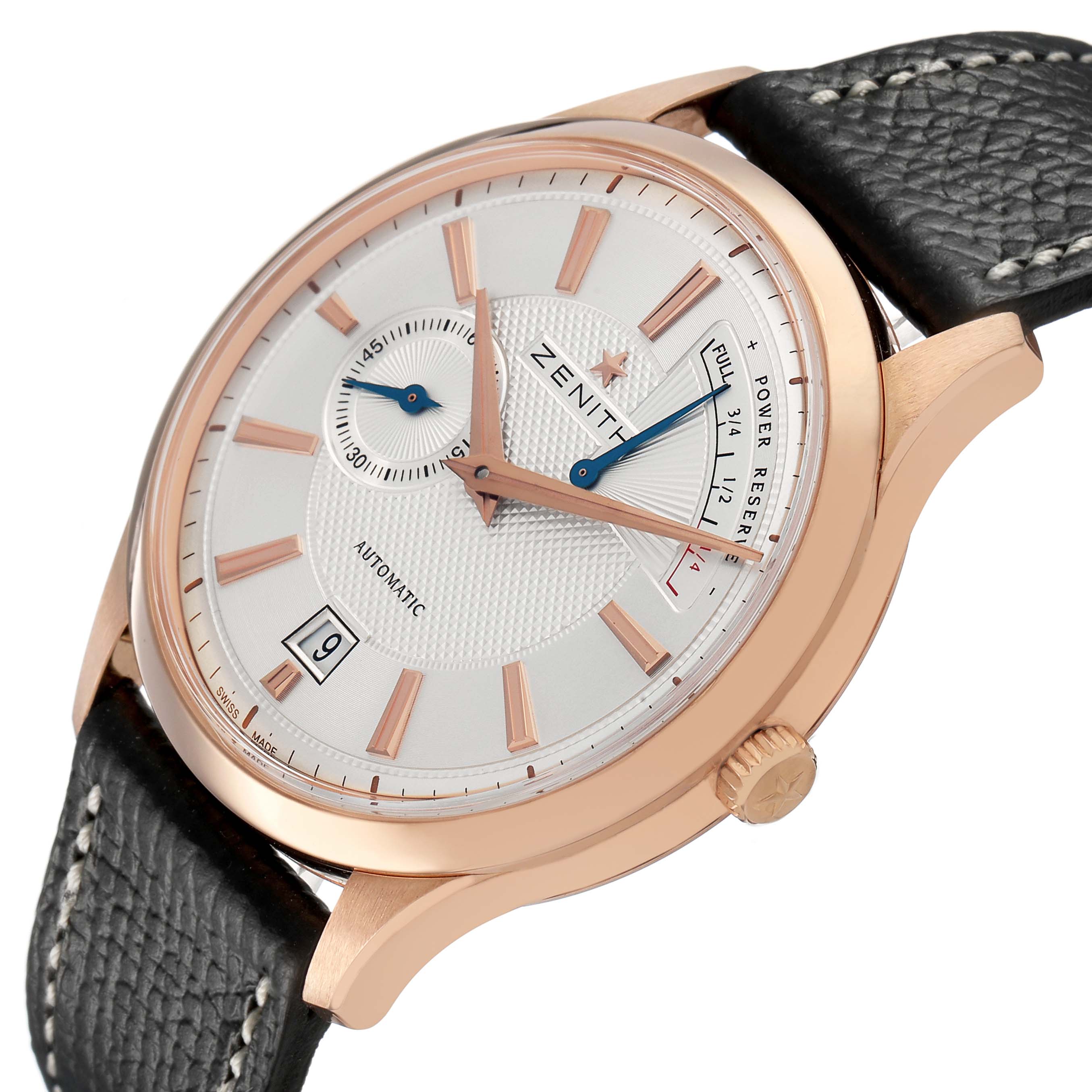 The Zenith Captain 18.2120.685 Men's Rose Gold Silver Dial watch is shown at an angled side view, displaying its rose gold case, dial, subdials, crown, and leather strap.