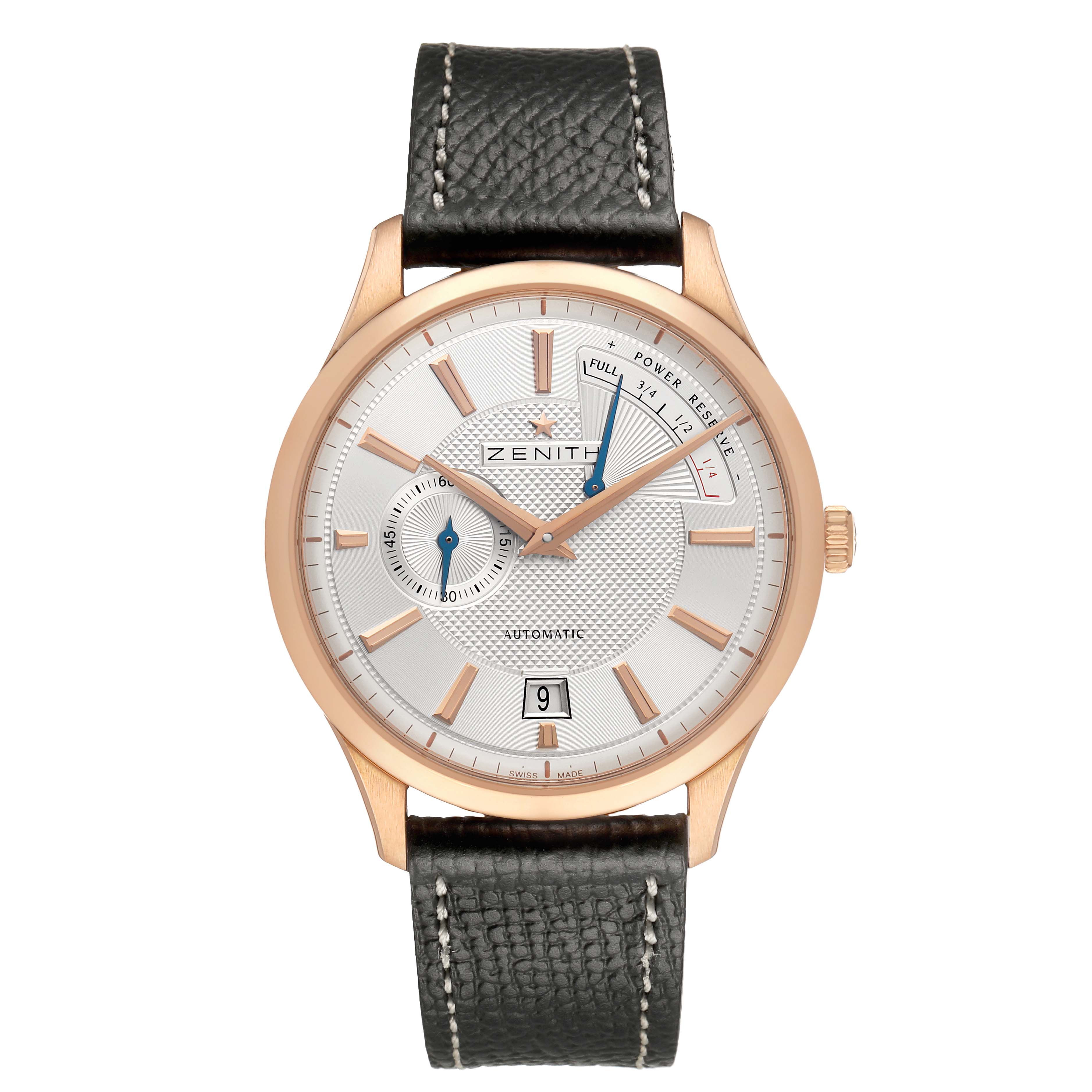 The Zenith Captain 18.2120.685 Men's Rose Gold Silver Dial watch is shown front-facing, displaying the dial, leather strap, and crown.