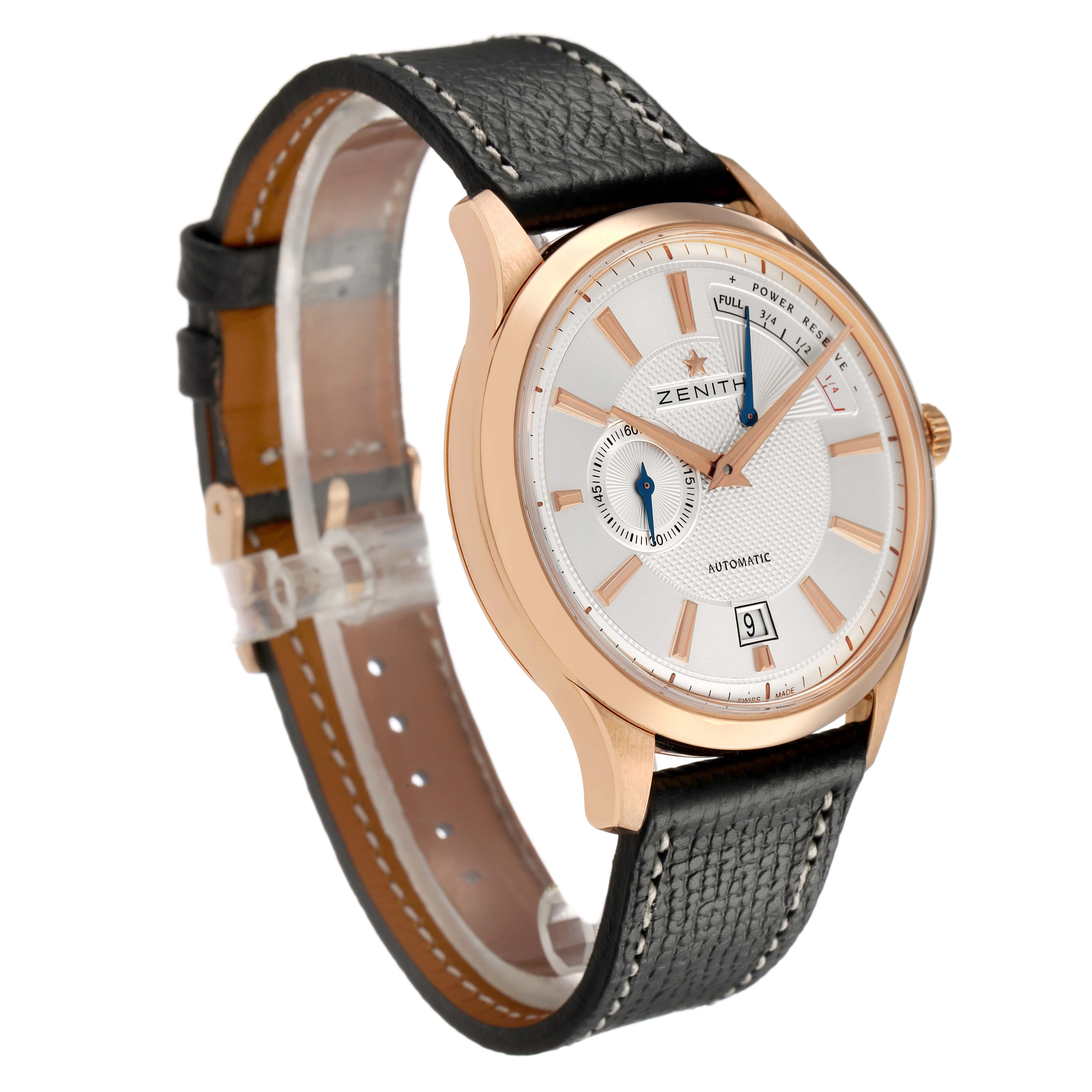 The Zenith Captain 18.2120.685 Men's Rose Gold Silver Dial watch is shown at an angled side view, displaying the dial, case, crown, and leather strap.