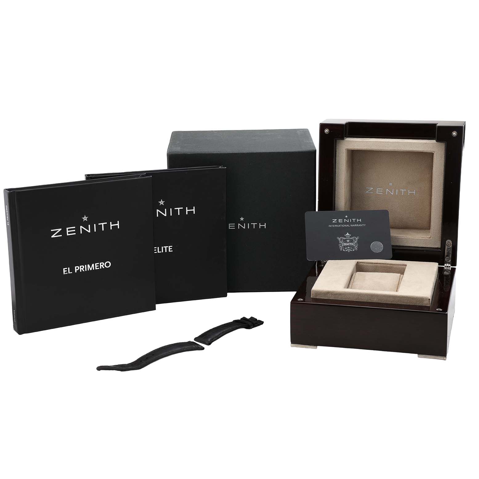 The image shows a Zenith Captain 18.2120.685 Men's Rose Gold Silver Dial watch box set with manuals, warranty card, and extra straps from a top-angle view.