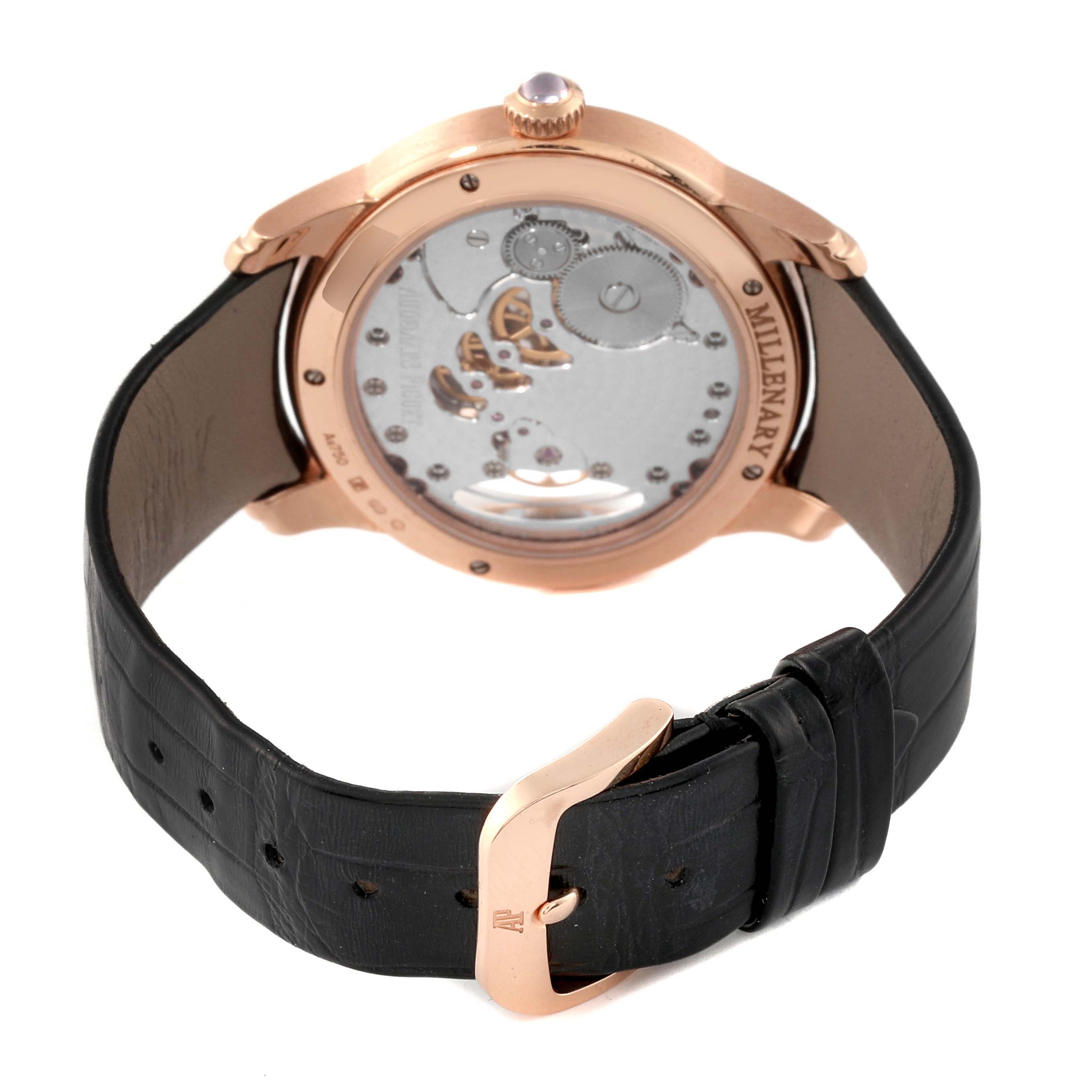 The image shows the back view of the Audemars Piguet Millenary 77247OR Women's Rose Gold Mother of Pearl Dial 77247OR Women's Rose Gold Mother of Pearl Dial watch, highlighting its movement and black leather strap.