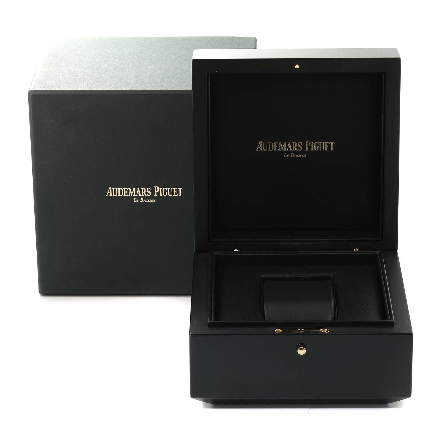 The image shows an open Audemars Piguet Millenary 77247OR Women's Rose Gold Mother of Pearl Dial 77247OR Women's Rose Gold Mother of Pearl Dial watch box alongside its outer packaging.