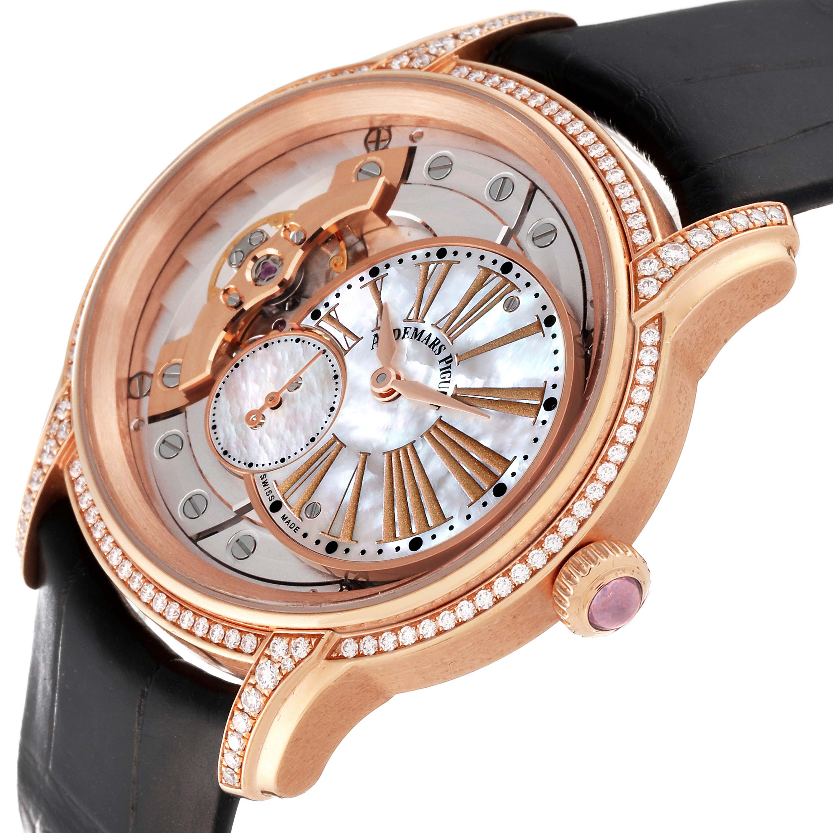 This image shows an angled view of the Audemars Piguet Millenary 77247OR Women's Rose Gold Mother of Pearl Dial 77247OR Women's Rose Gold Mother of Pearl Dial watch highlighting its face, crown, and diamond-set rose gold case and bezel.