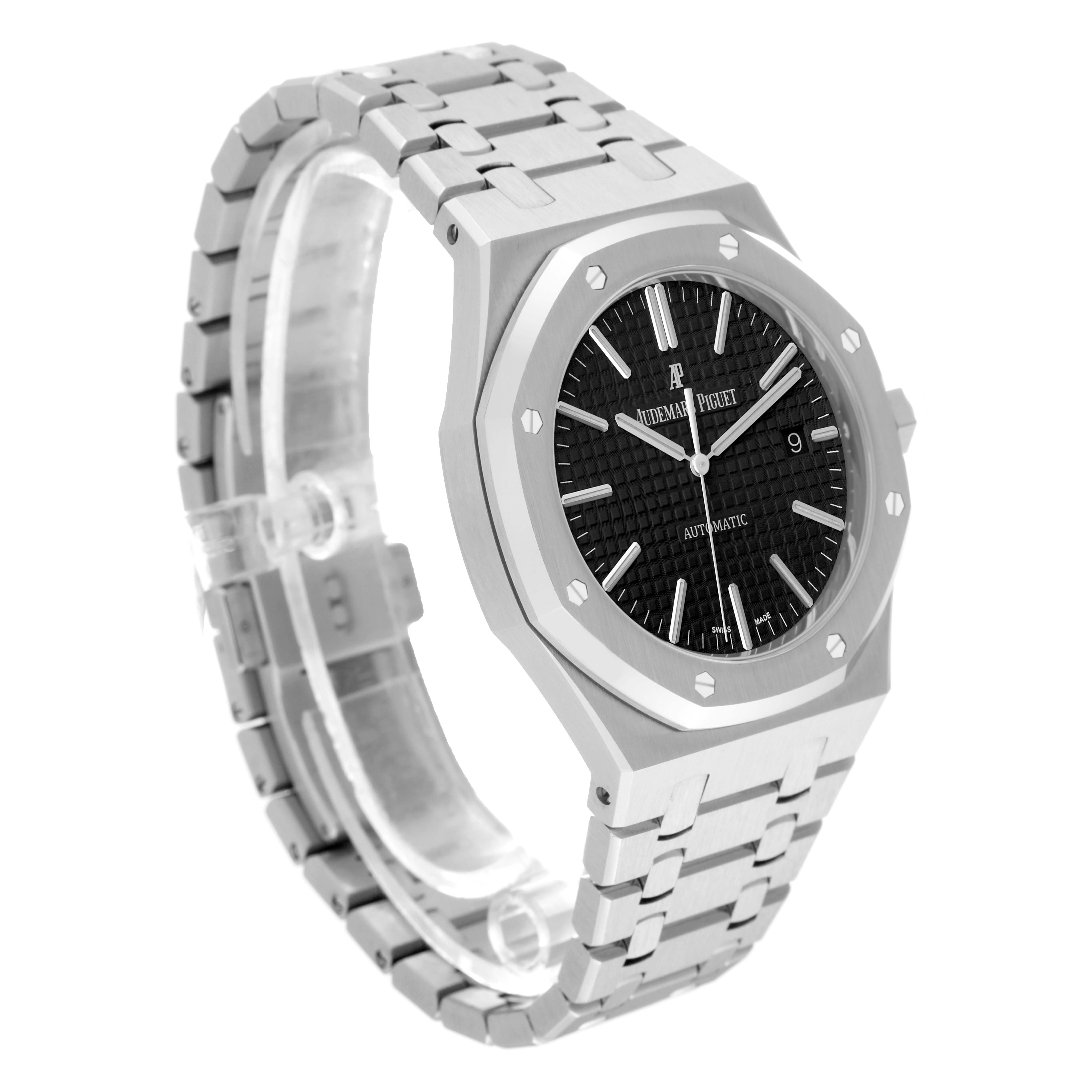 This image shows a side angle of an Audemars Piguet Royal Oak 15400ST.OO.1220ST.01 Men's Stainless Steel Black Dial 15400ST.OO.1220ST.01 Men's Stainless Steel Black Dial watch displaying its face, bracelet, and clasp.