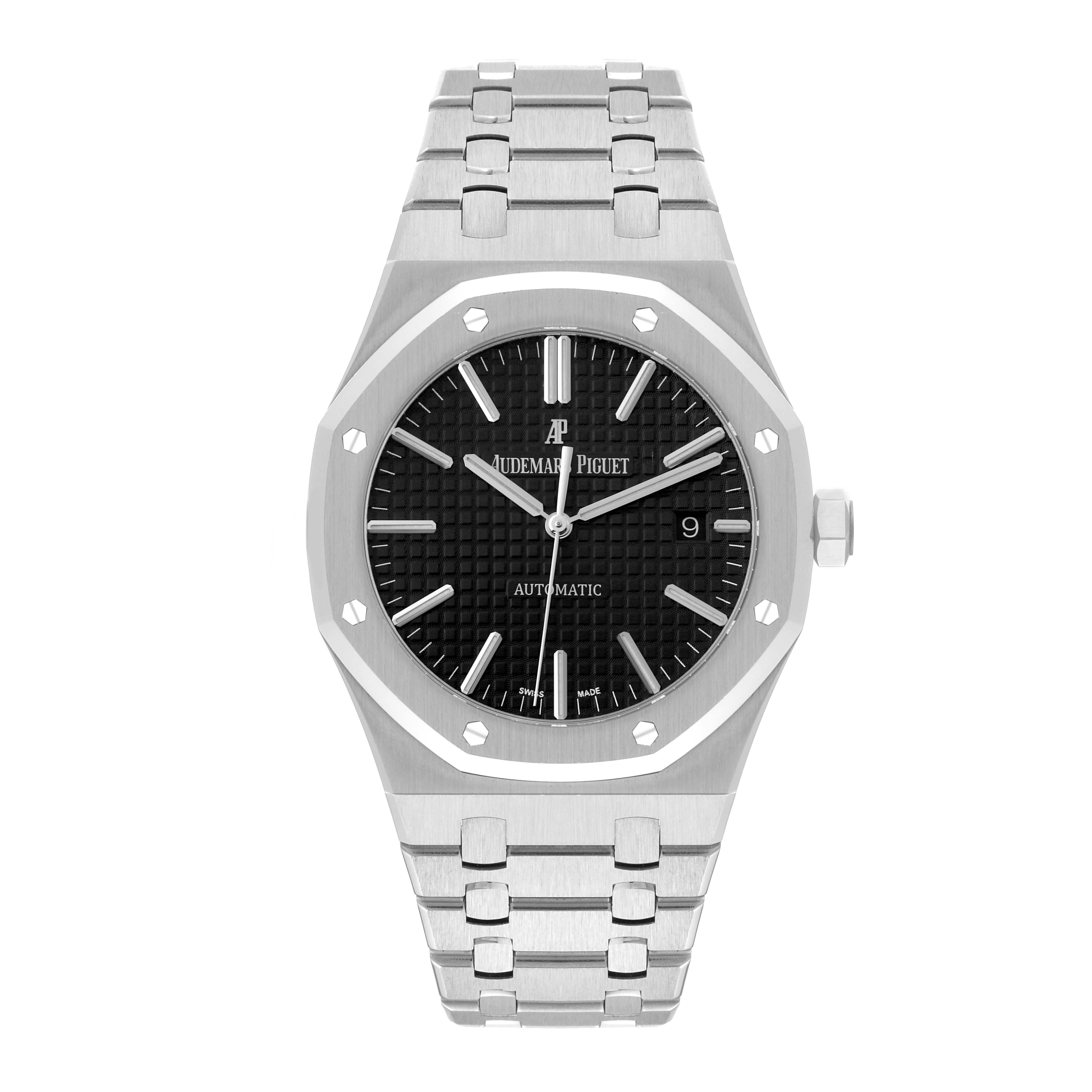 The image shows a frontal view of the Audemars Piguet Royal Oak 15400ST.OO.1220ST.01 Men's Stainless Steel Black Dial 15400ST.OO.1220ST.01 Men's Stainless Steel Black Dial watch, displaying its black dial, stainless steel case, and bracelet.