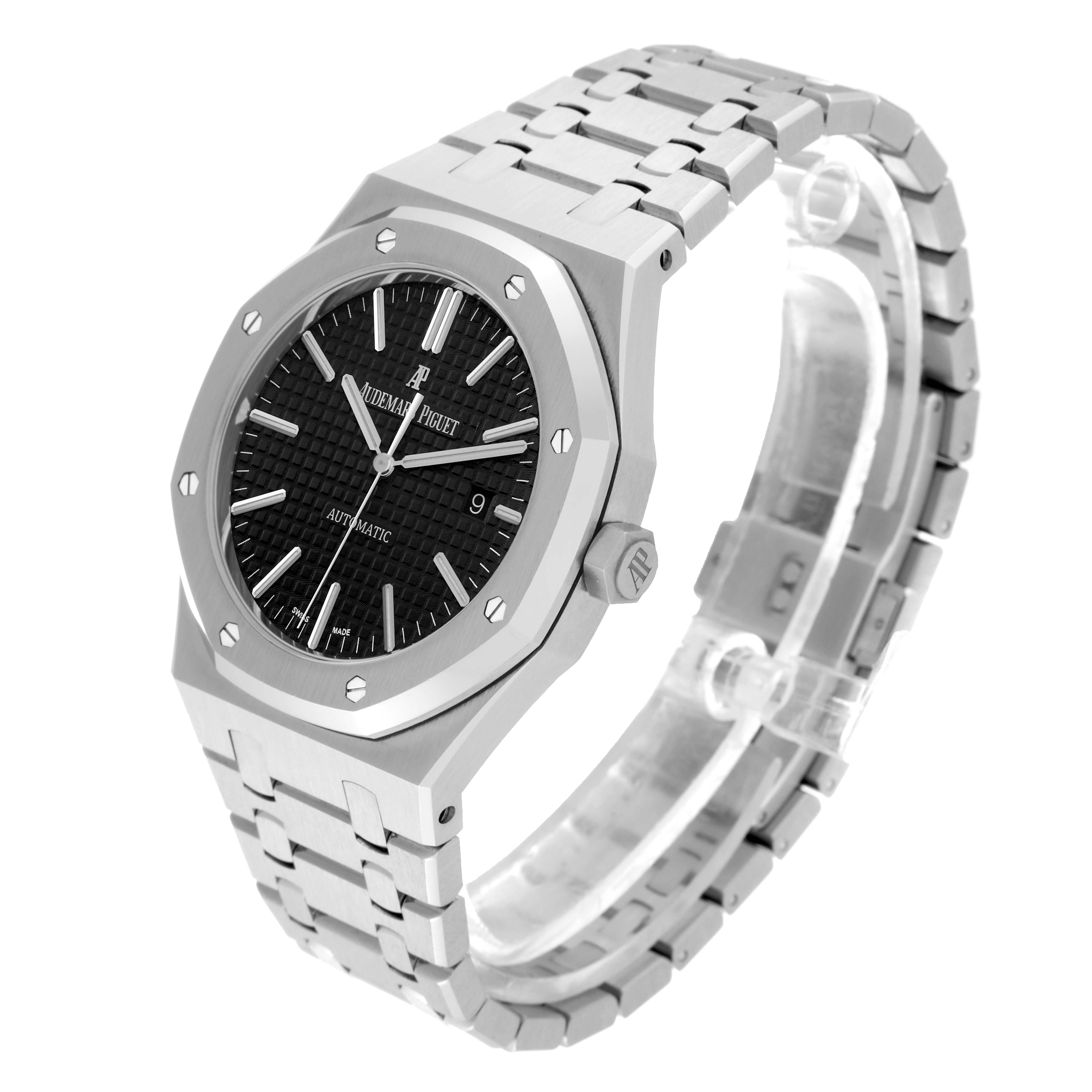 The image shows a Royal Oak by Audemars Piguet at a three-quarter angle, highlighting the black dial, steel case, and integrated bracelet.