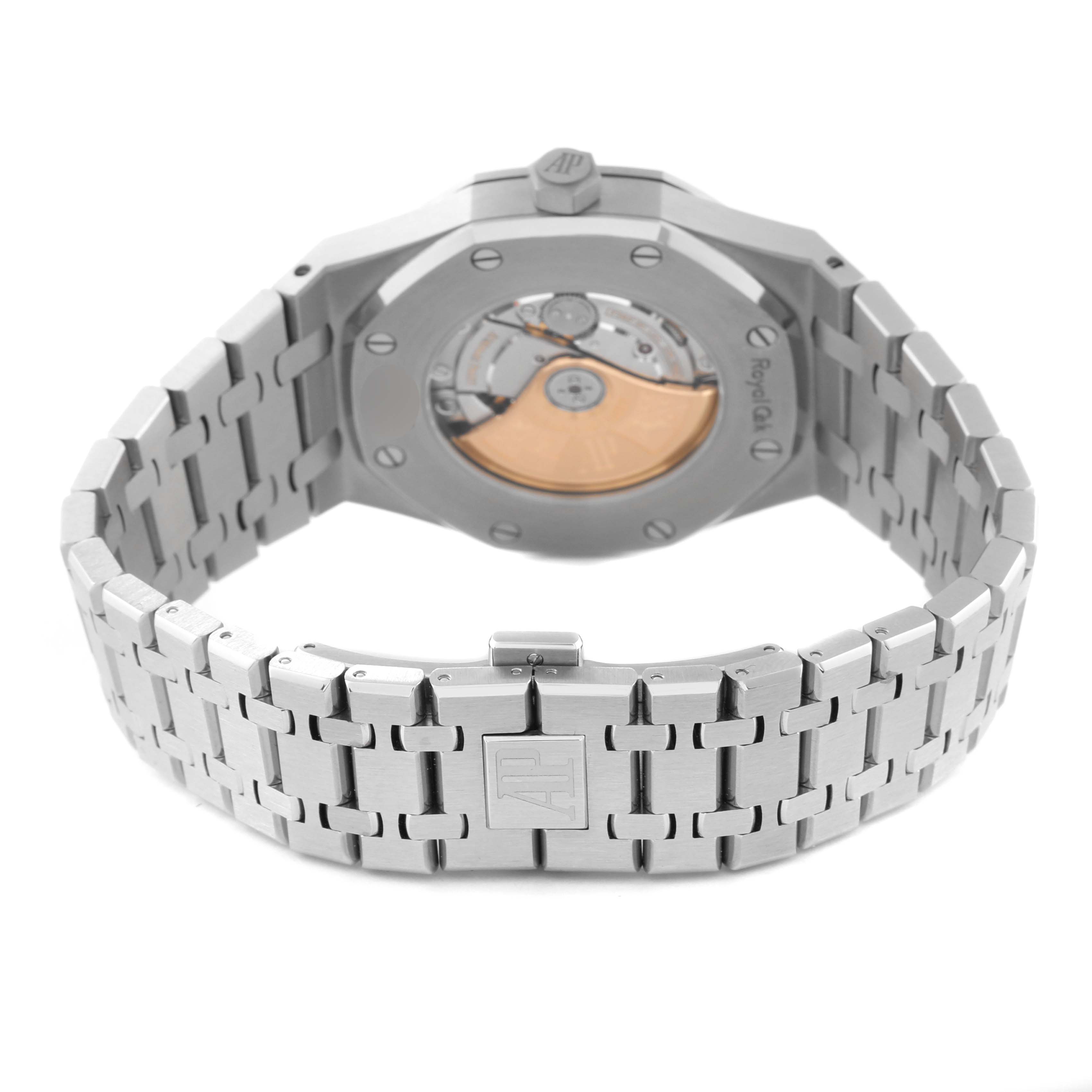 This image shows the rear view of the stainless steel case and bracelet with the clasp of the Audemars Piguet Royal Oak 15400ST.OO.1220ST.01 Men's Stainless Steel Black Dial 15400ST.OO.1220ST.01 Men's Stainless Steel Black Dial watch, revealing its movement.