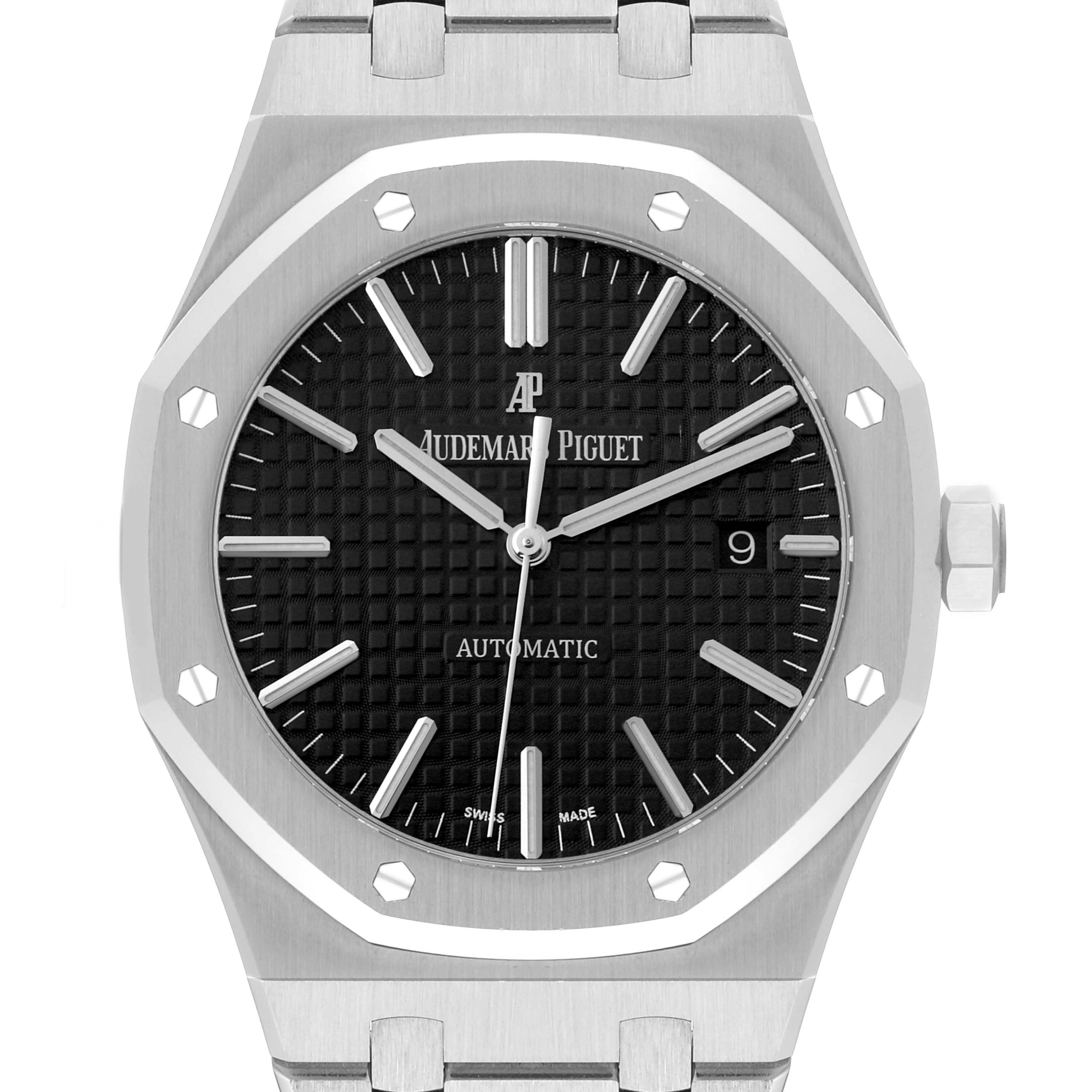 The image shows the front view of an Audemars Piguet Royal Oak 15400ST.OO.1220ST.01 Men's Stainless Steel Black Dial 15400ST.OO.1220ST.01 Men's Stainless Steel Black Dial watch, highlighting the dial, bezel, and part of the bracelet.