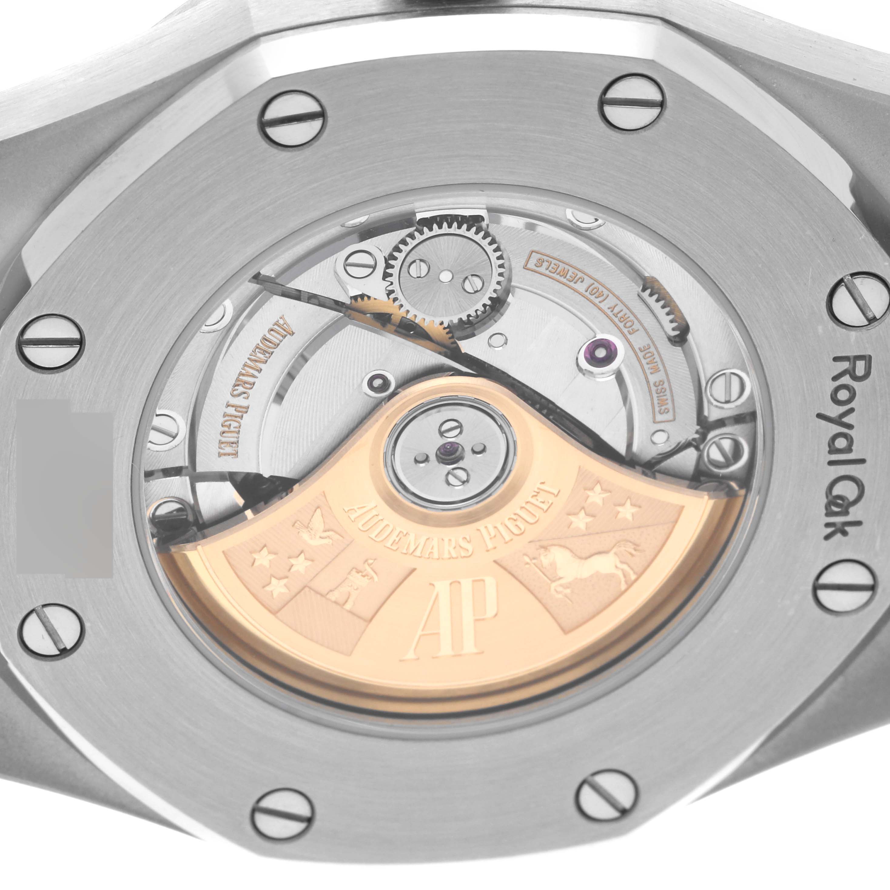 This image shows the back view of the Audemars Piguet Royal Oak 15400ST.OO.1220ST.01 Men's Stainless Steel Black Dial 15400ST.OO.1220ST.01 Men's Stainless Steel Black Dial watch's movement and rotor with brand engravings.