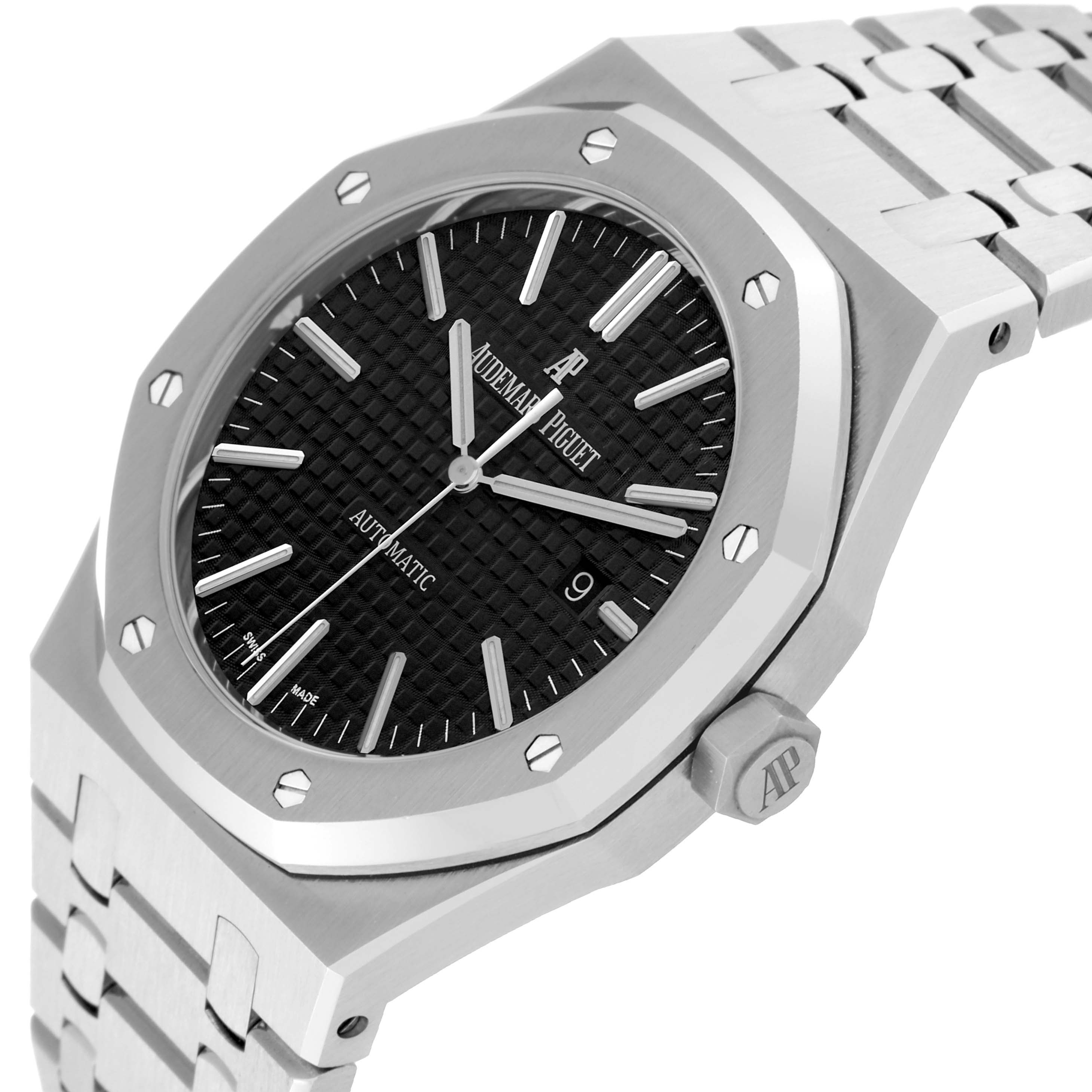 This image shows a close-up angle of the Audemars Piguet Royal Oak 15400ST.OO.1220ST.01 Men's Stainless Steel Black Dial 15400ST.OO.1220ST.01 Men's Stainless Steel Black Dial, highlighting the dial, bezel, bracelet, and crown.