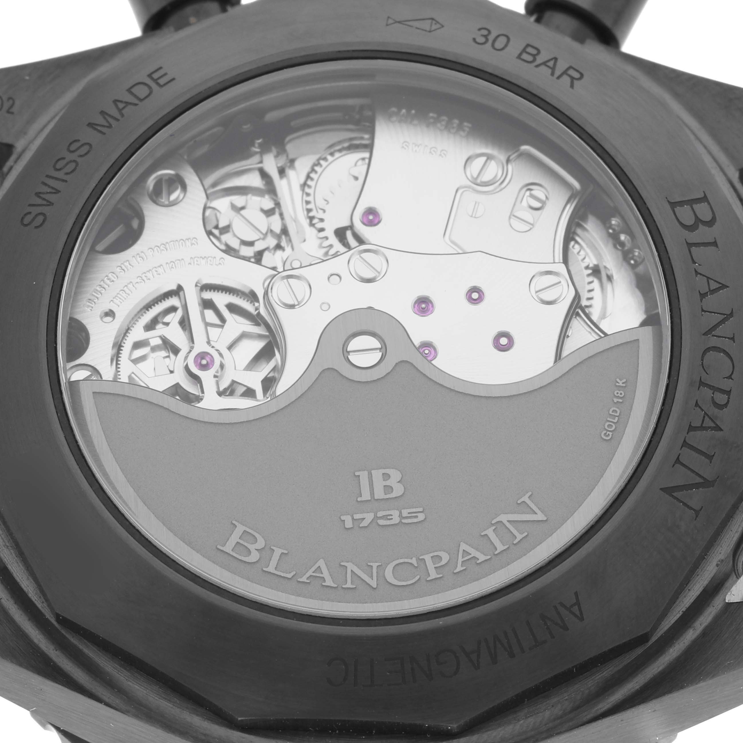 The image shows the back view of the Blancpain Fifty Fathoms 5200-0153-B52A Men's Ceramic Green Dial 5200-0153-B52A Men's Ceramic Green Dial, highlighting its intricate movement through a transparent case back.