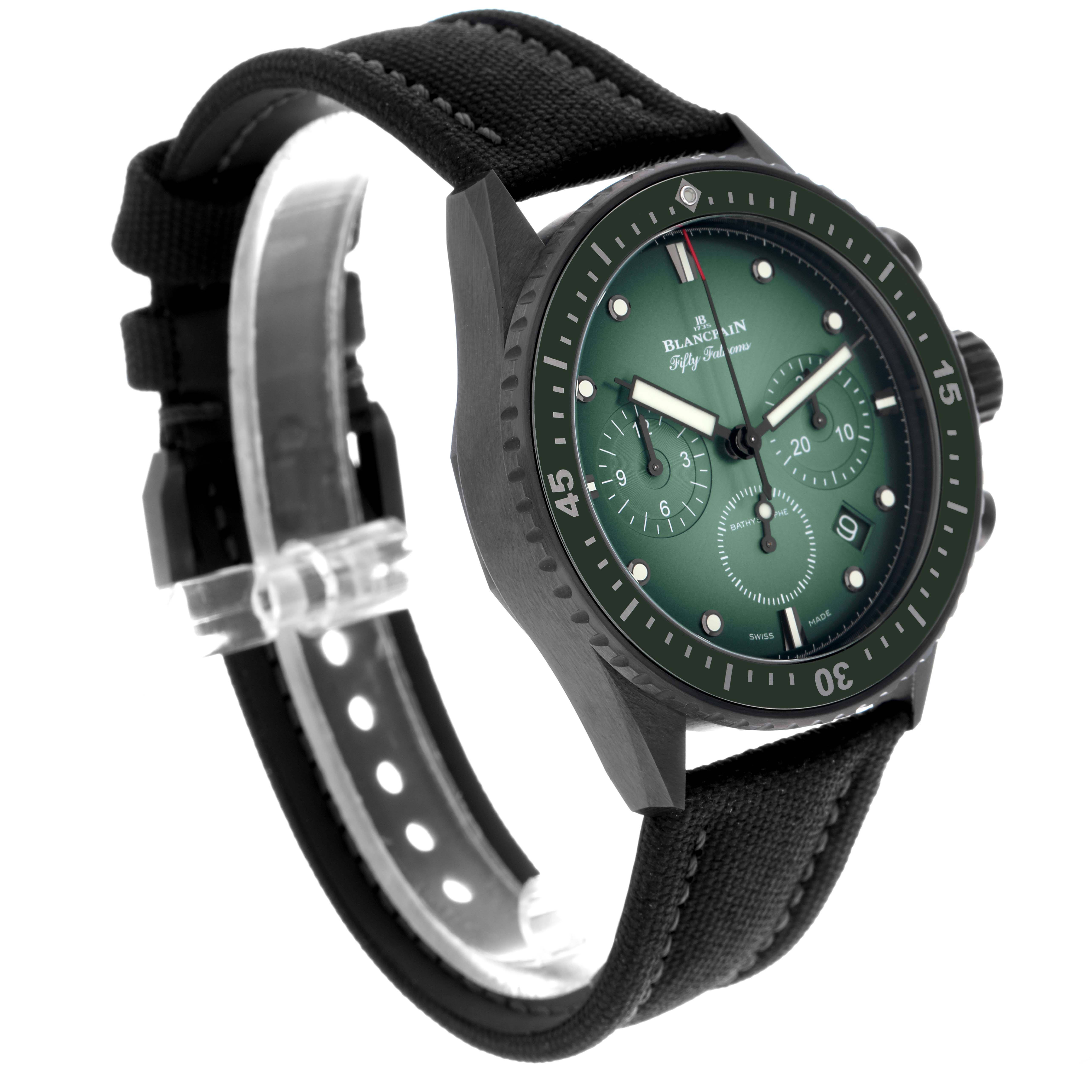 The Blancpain Fifty Fathoms 5200-0153-B52A Men's Ceramic Green Dial 5200-0153-B52A Men's Ceramic Green Dial watch is shown at a three-quarter angle, highlighting the green dial, bezel, subdials, and black strap.