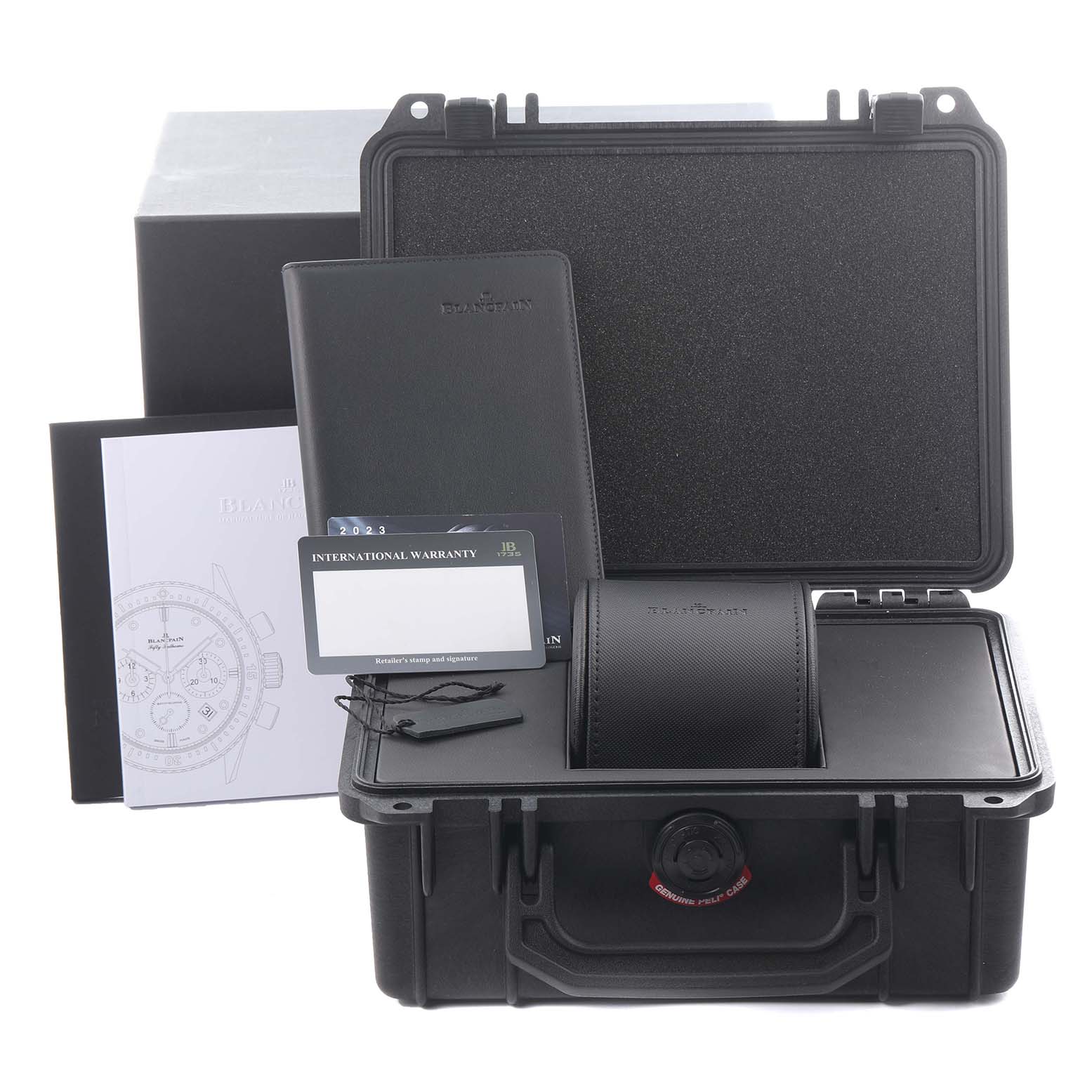 The image shows an open box for the Blancpain Fifty Fathoms 5200-0153-B52A Men's Ceramic Green Dial 5200-0153-B52A Men's Ceramic Green Dial with documents, a warranty card, and a watch pouch.