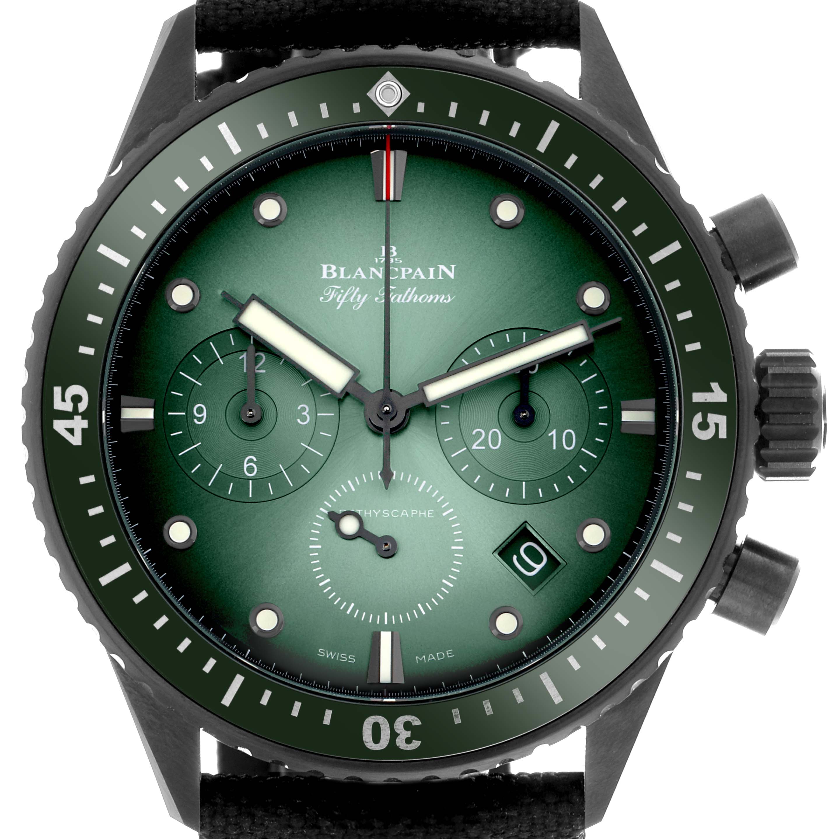 The Blancpain Fifty Fathoms 5200-0153-B52A Men's Ceramic Green Dial 5200-0153-B52A Men's Ceramic Green Dial watch is shown from a top view, highlighting its green dial, bezel, chronograph subdials, and crown.
