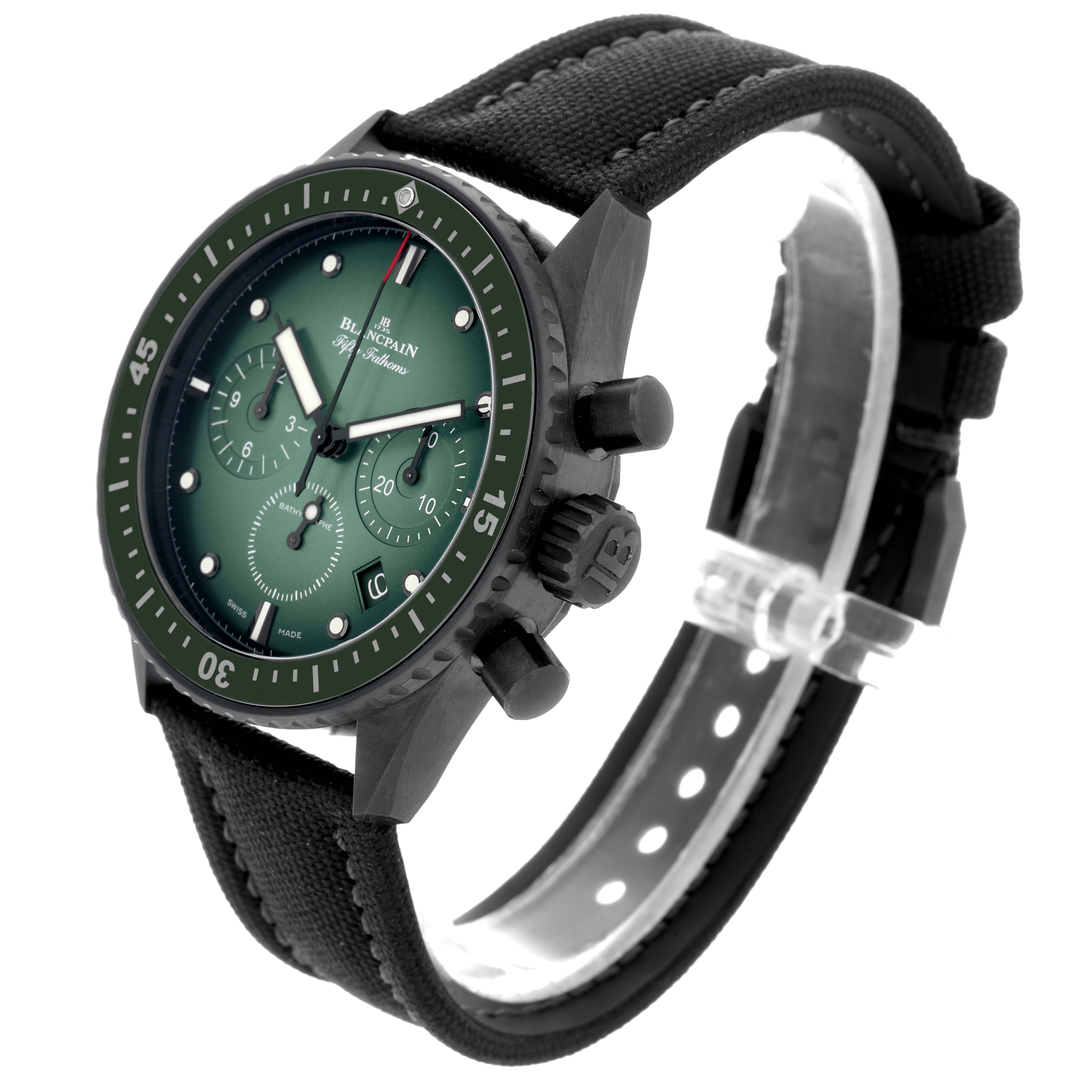 The Blancpain Fifty Fathoms 5200-0153-B52A Men's Ceramic Green Dial 5200-0153-B52A Men's Ceramic Green Dial watch is shown at a slight angle, displaying the front, bezel, and strap.