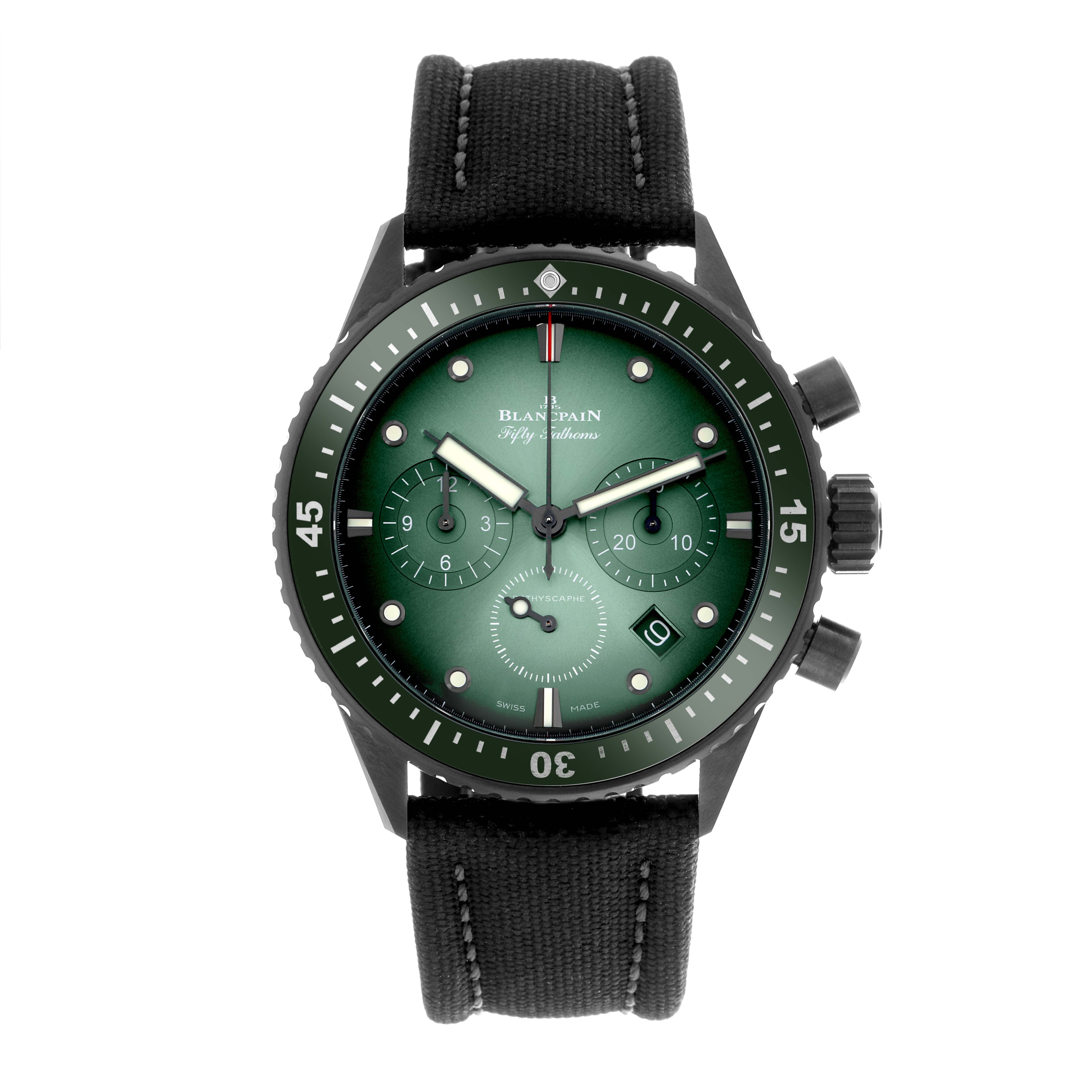 The image shows a Blancpain Fifty Fathoms 5200-0153-B52A Men's Ceramic Green Dial 5200-0153-B52A Men's Ceramic Green Dial watch from the front, displaying the dial, bezel, and strap.
