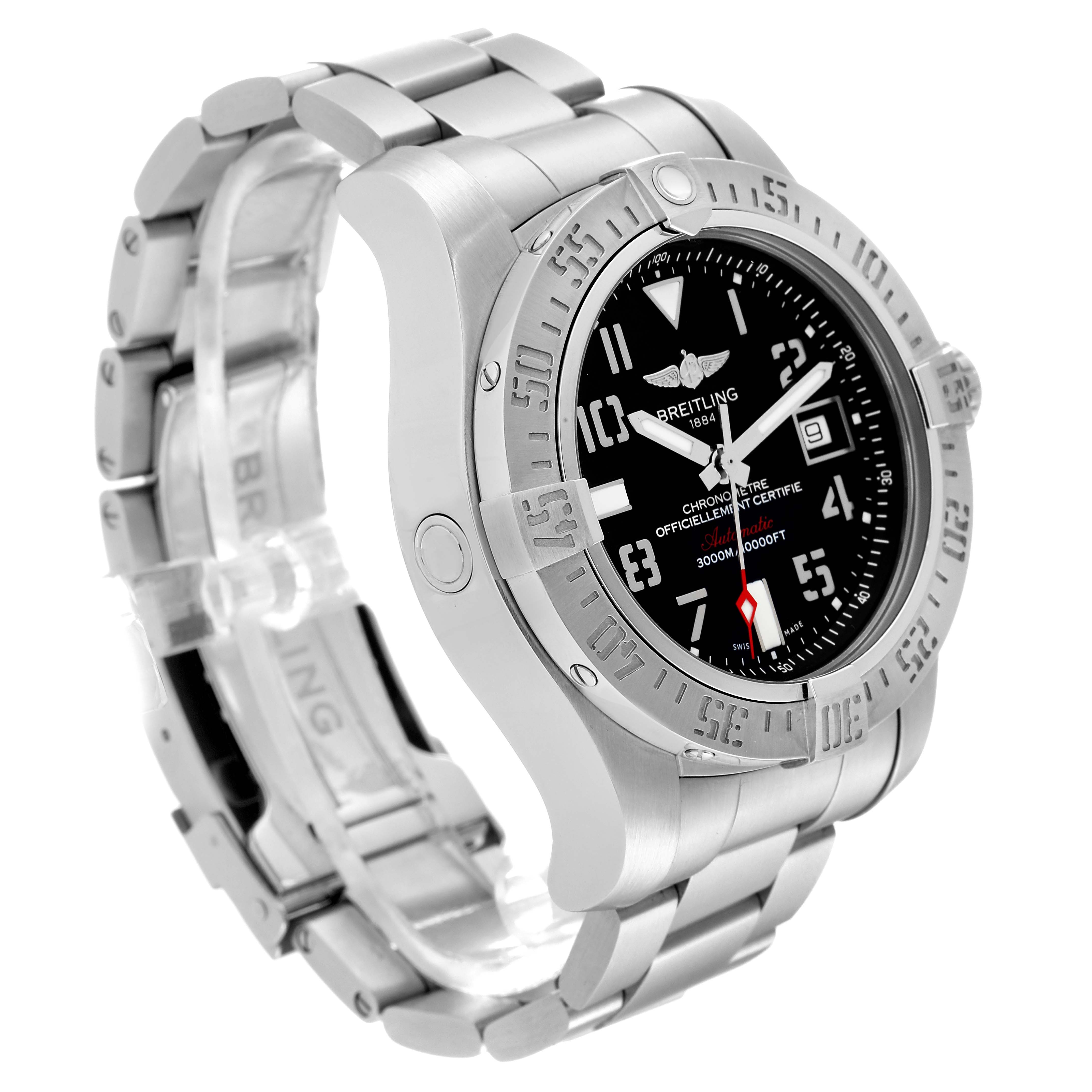 The image shows a Breitling Avenger A17331 Men's Stainless Steel Black Dial A17331 Men's Stainless Steel Black Dial watch from a front-side angle, highlighting the stainless steel bracelet and black dial.