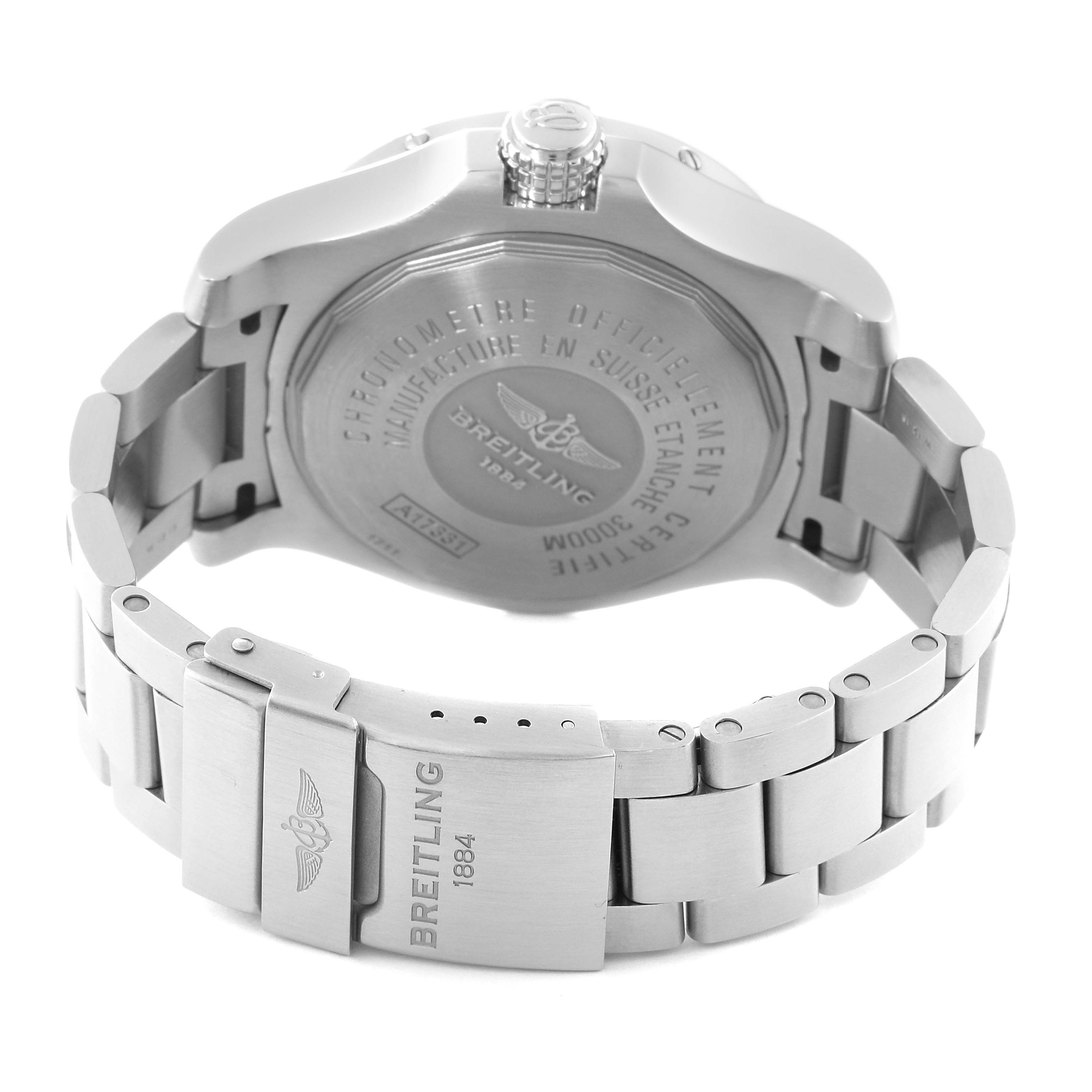 The image shows the back and bracelet of the Breitling Avenger A17331 Men's Stainless Steel Black Dial A17331 Men's Stainless Steel Black Dial watch, highlighting its clasp and engravings.