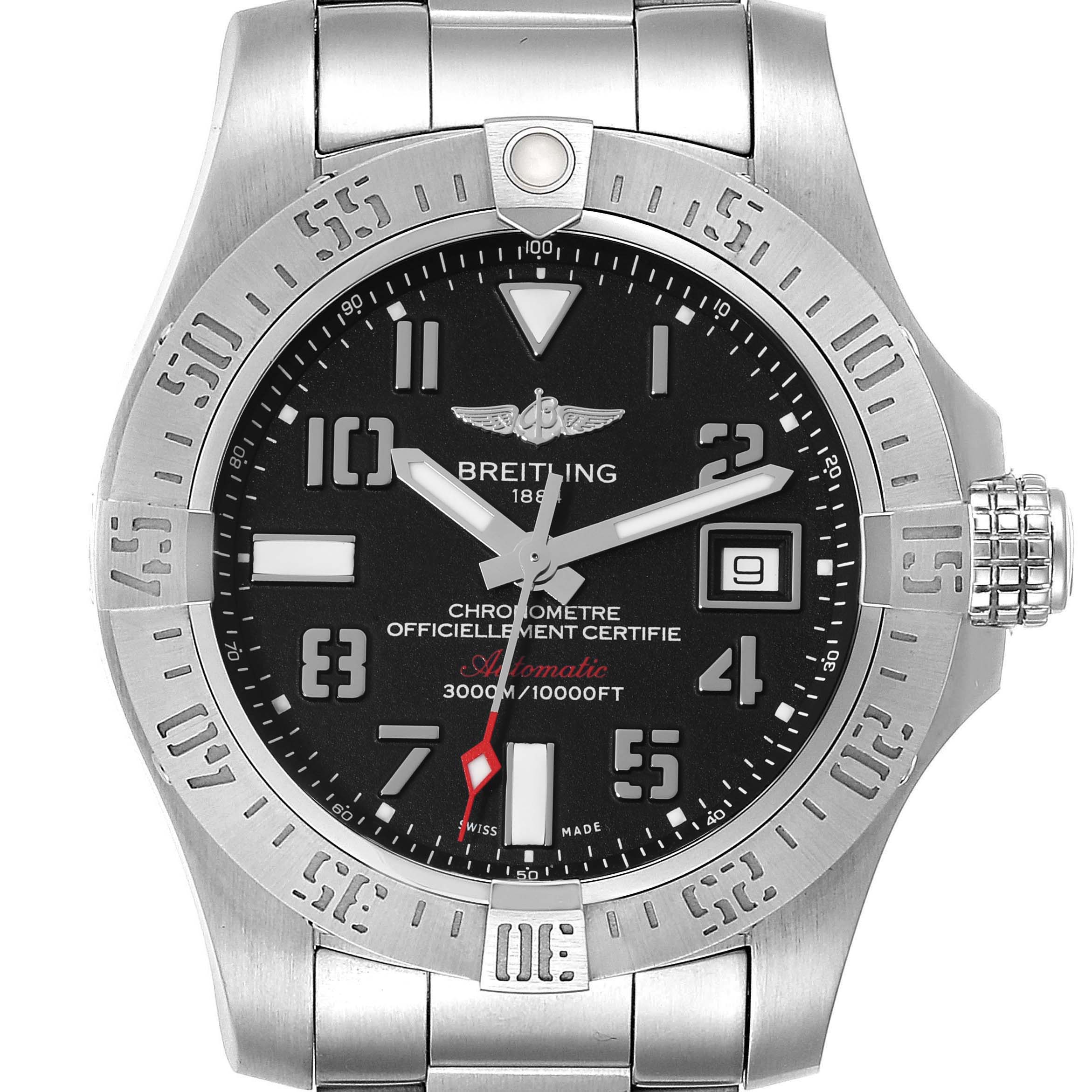 The image shows a straight-on view of a Breitling Avenger A17331 Men's Stainless Steel Black Dial A17331 Men's Stainless Steel Black Dial watch, displaying the dial, bezel, bracelet, and crown.
