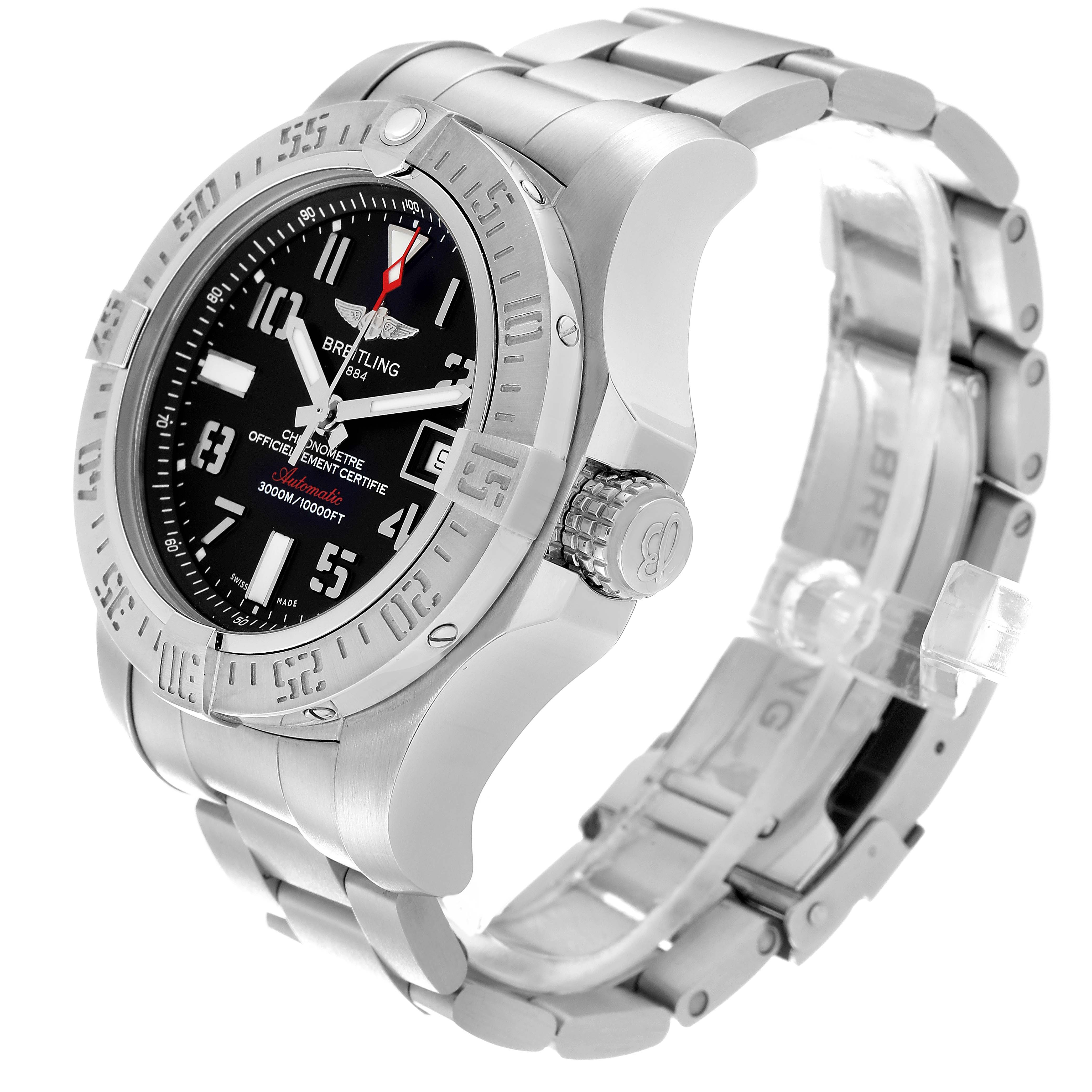 The Breitling Avenger A17331 Men's Stainless Steel Black Dial A17331 Men's Stainless Steel Black Dial watch is shown from a three-quarter angle, highlighting its bezel, crown, and bracelet.