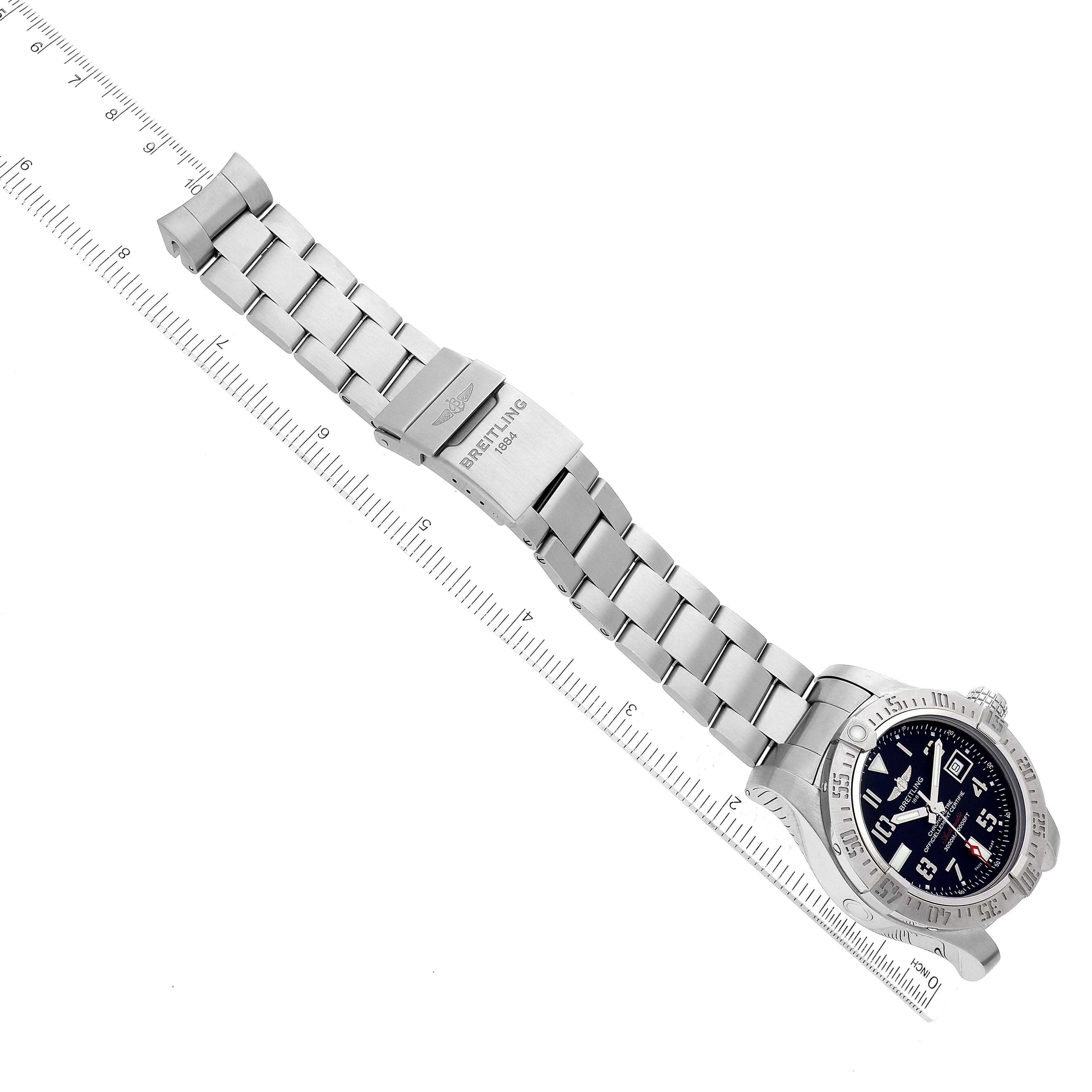 The Breitling Avenger A17331 Men's Stainless Steel Black Dial A17331 Men's Stainless Steel Black Dial watch is shown from a top-down angle, displaying its face, bezel, and full metal band.