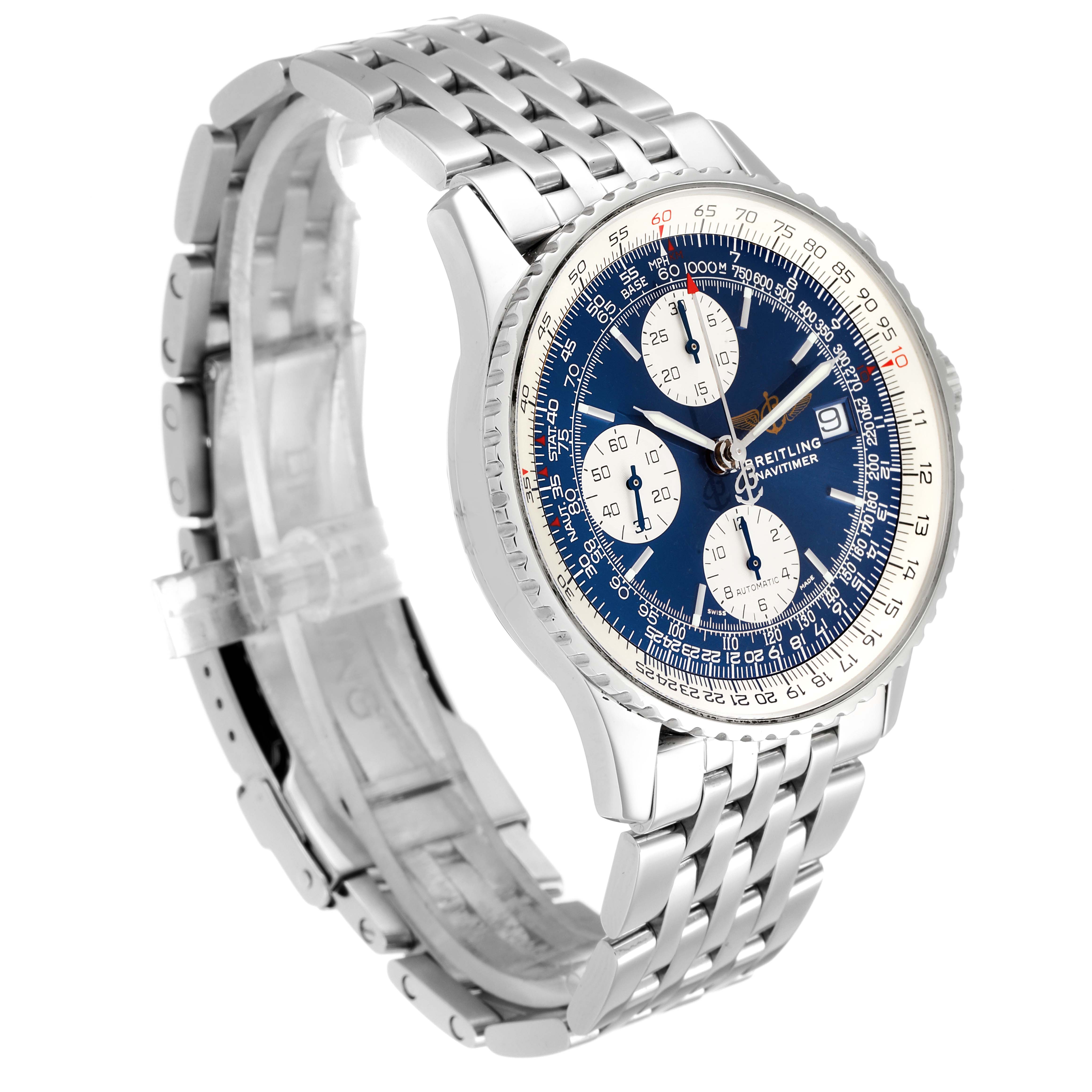 The image shows the Breitling Navitimer A13322 Men's Stainless Steel Blue Dial A13322 Men's Stainless Steel Blue Dial watch from a three-quarter angle, highlighting its face and metal bracelet.