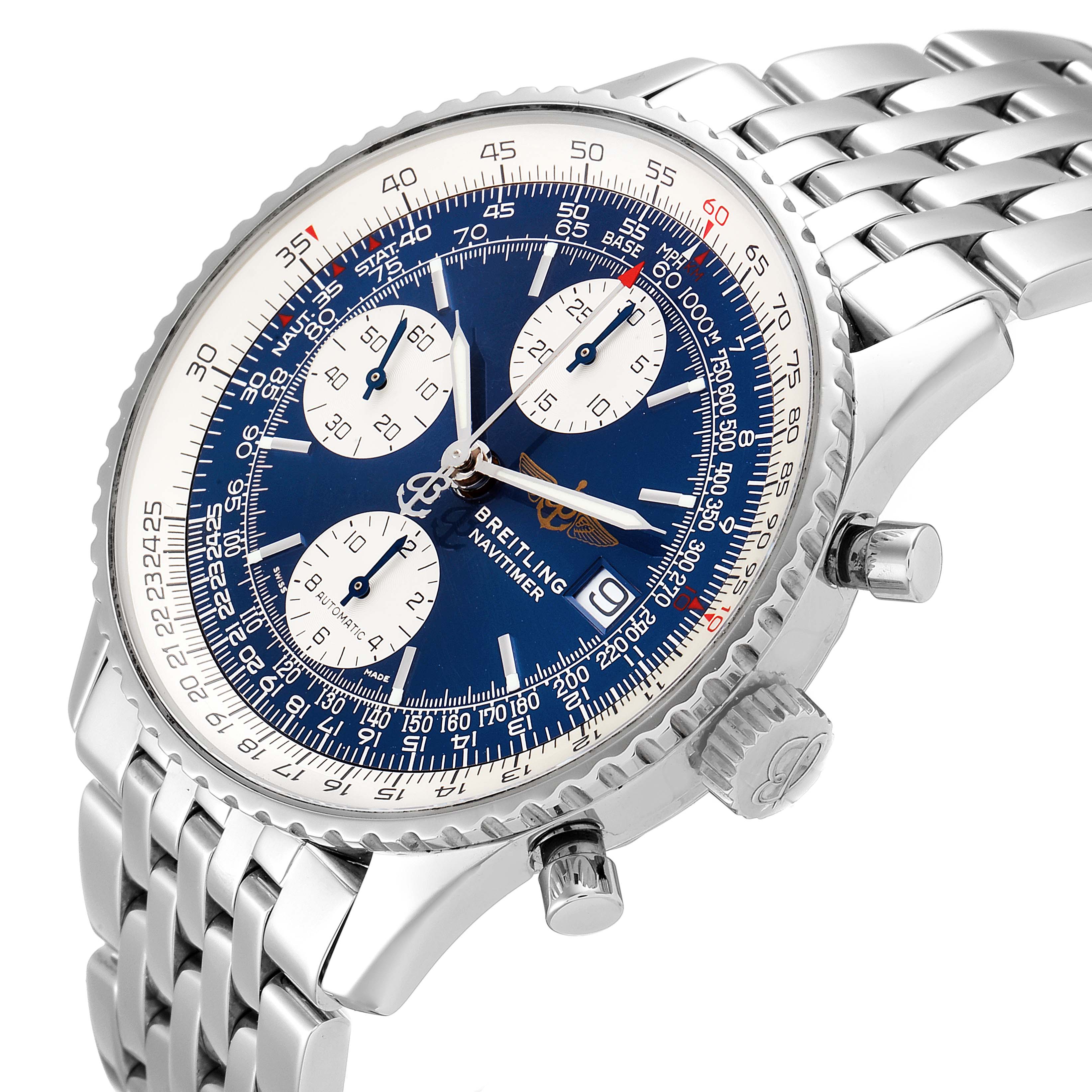 The image shows a Breitling Navitimer A13322 Men's Stainless Steel Blue Dial A13322 Men's Stainless Steel Blue Dial watch at an angle highlighting its face, bezel, crown, pushers, and stainless steel bracelet.