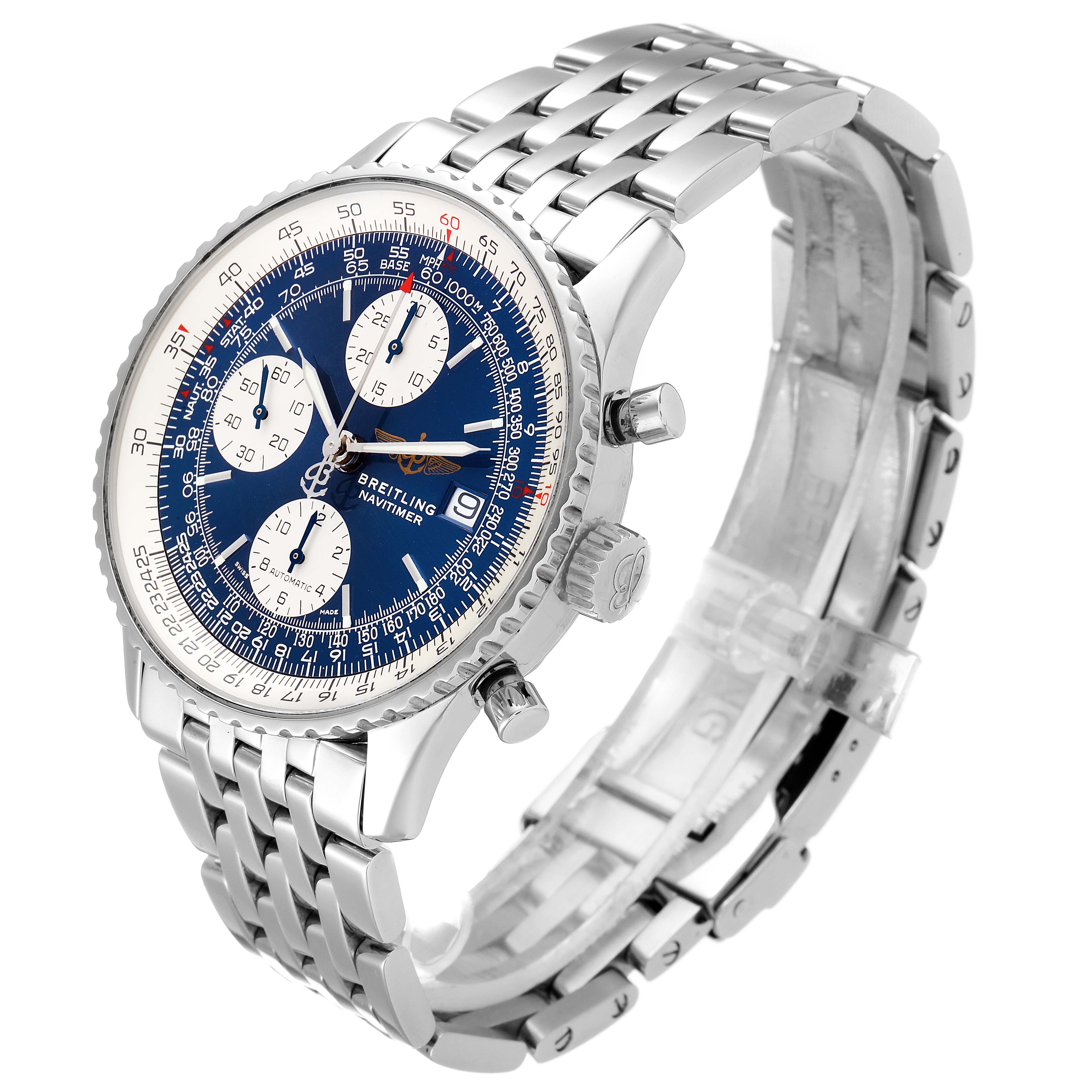 The image shows a Breitling Navitimer A13322 Men's Stainless Steel Blue Dial A13322 Men's Stainless Steel Blue Dial watch from a side angle, displaying the dial, bezel, crown, and metal bracelet.