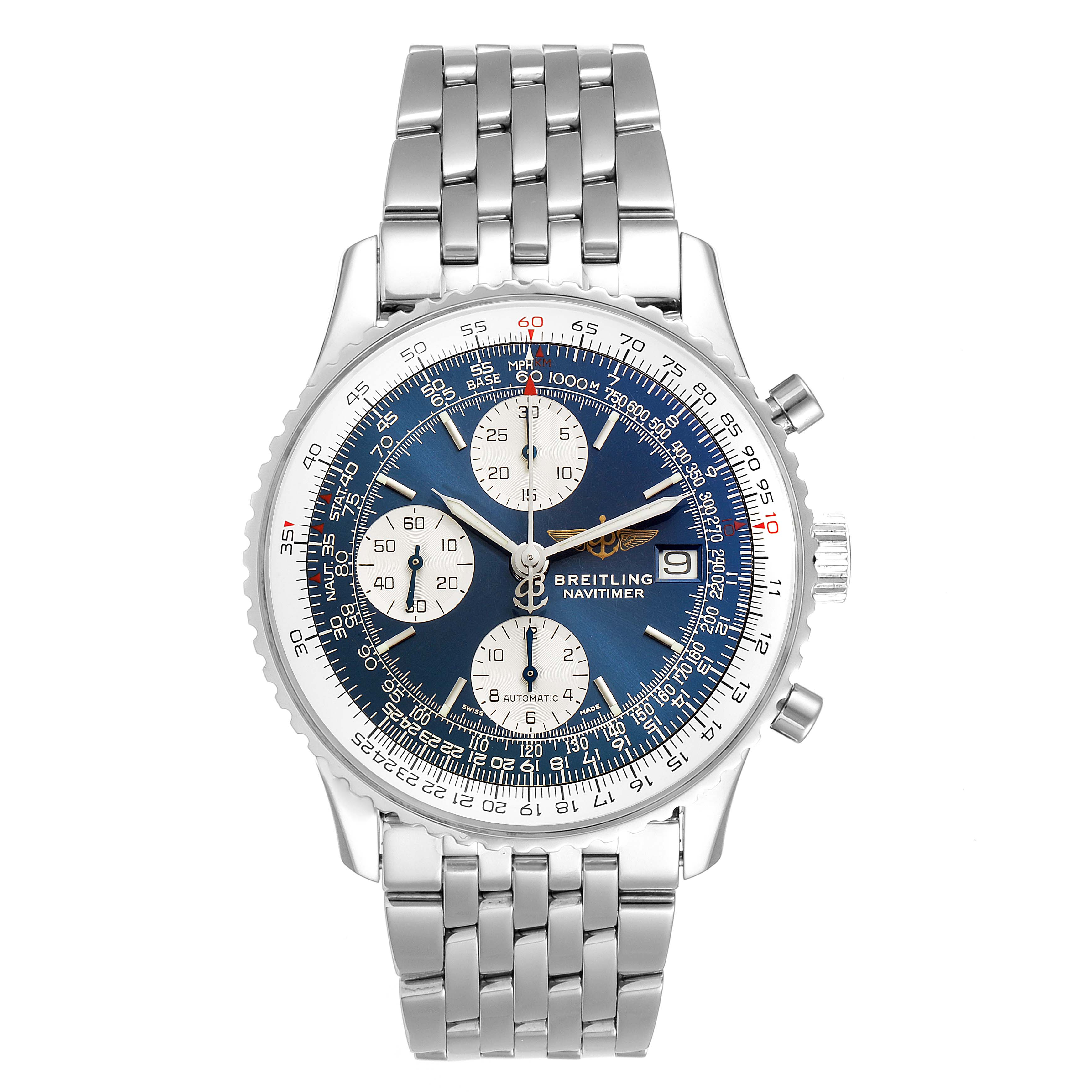 The image shows a front view of a Breitling Navitimer A13322 Men's Stainless Steel Blue Dial A13322 Men's Stainless Steel Blue Dial watch, highlighting its blue dial, chronograph features, and metal bracelet.