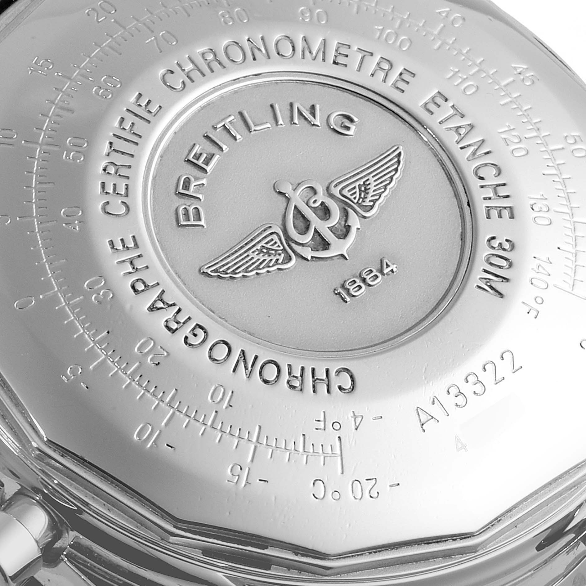 The image shows the back case of a Breitling Navitimer A13322 Men's Stainless Steel Blue Dial A13322 Men's Stainless Steel Blue Dial watch, detailing its specifications and logo engravings.