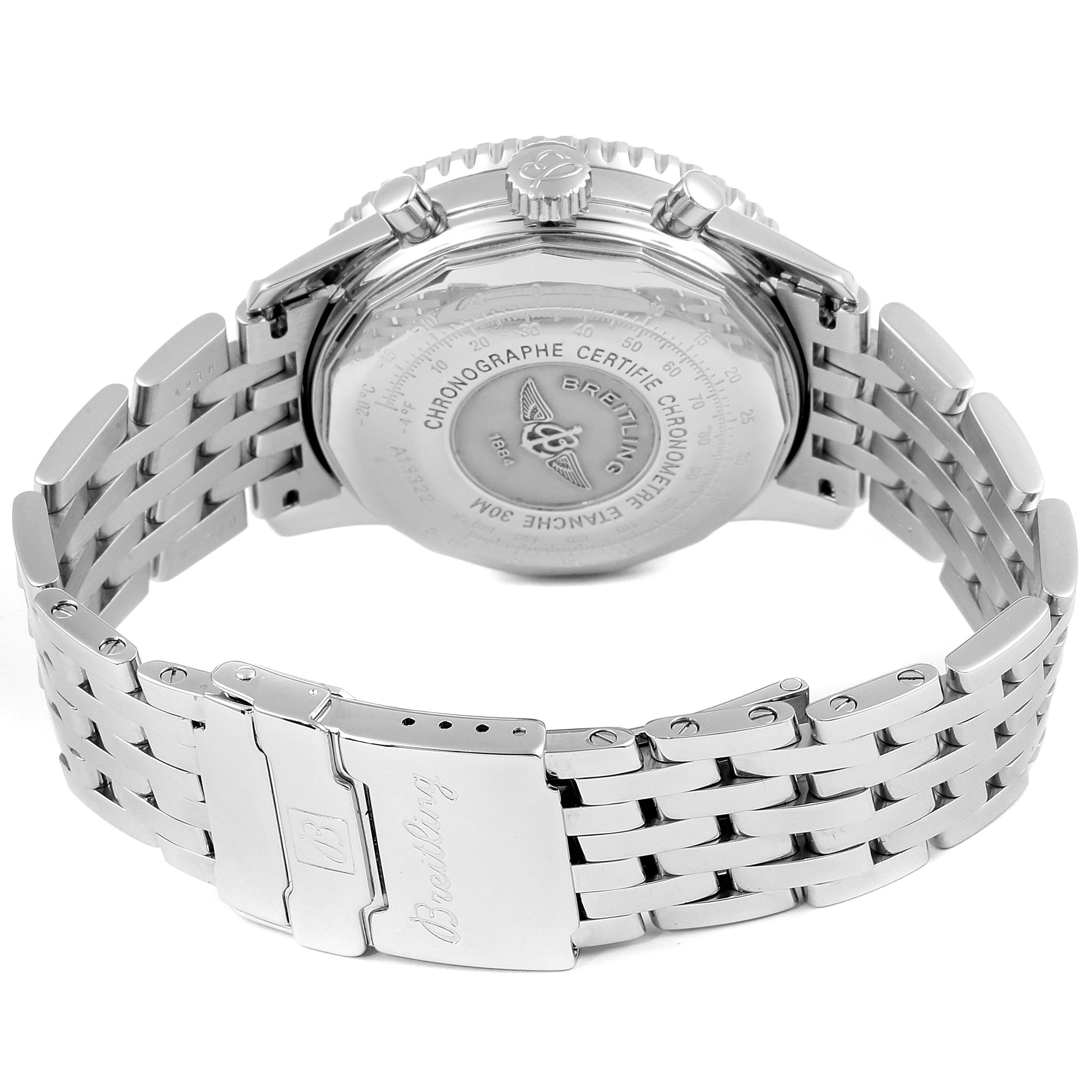 This image shows the back, clasp, and bracelet of the Breitling Navitimer A13322 Men's Stainless Steel Blue Dial A13322 Men's Stainless Steel Blue Dial watch.